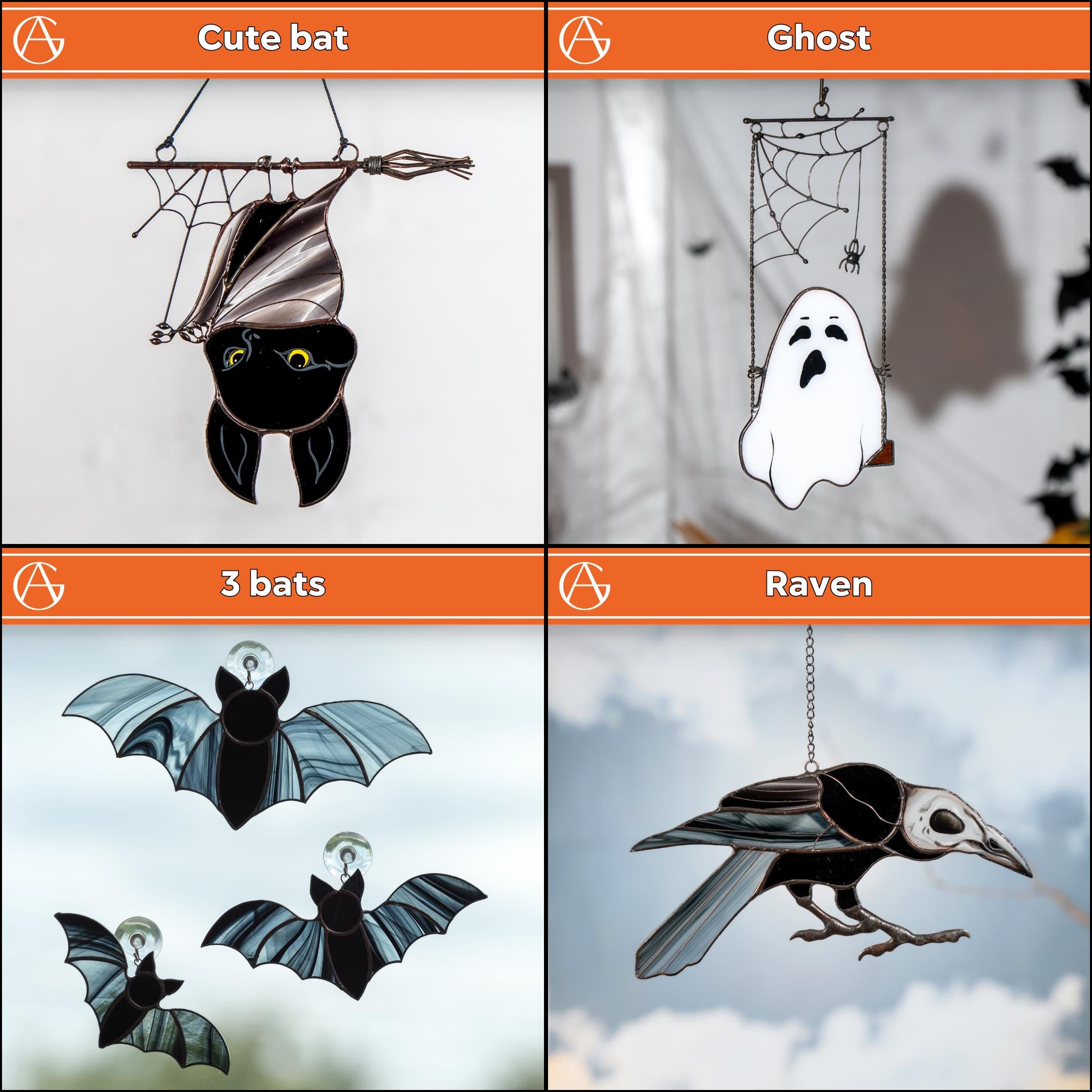 Halloween stained glass spider Moon suncatcher Custom stained glass window hangings Halloween decoration Web suncatchers