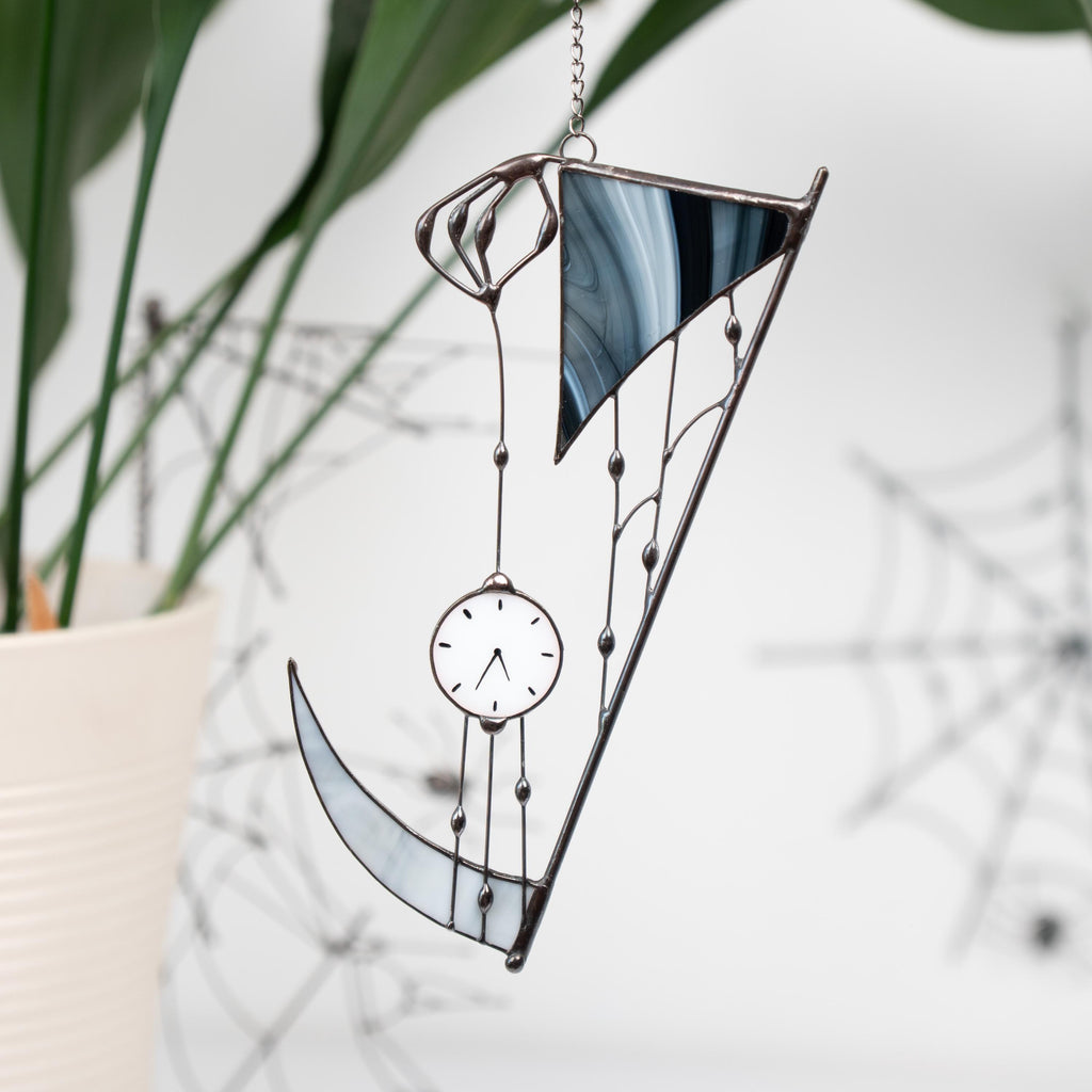 Grim reaper stained glass window hanging Halloween gifts Custom stained glass Halloween decor outdoor Web suncatchers Halloween artwork