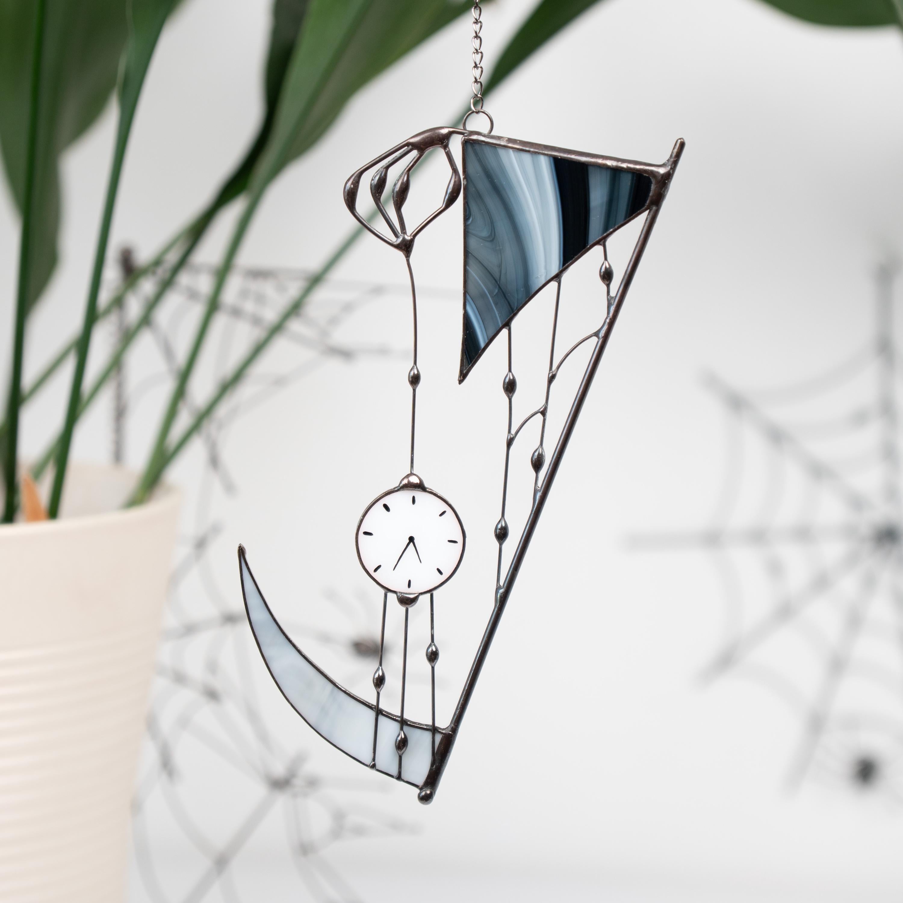 Grim reaper stained glass window hanging Halloween gifts Custom stained glass Halloween decor outdoor Web suncatchers Halloween artwork