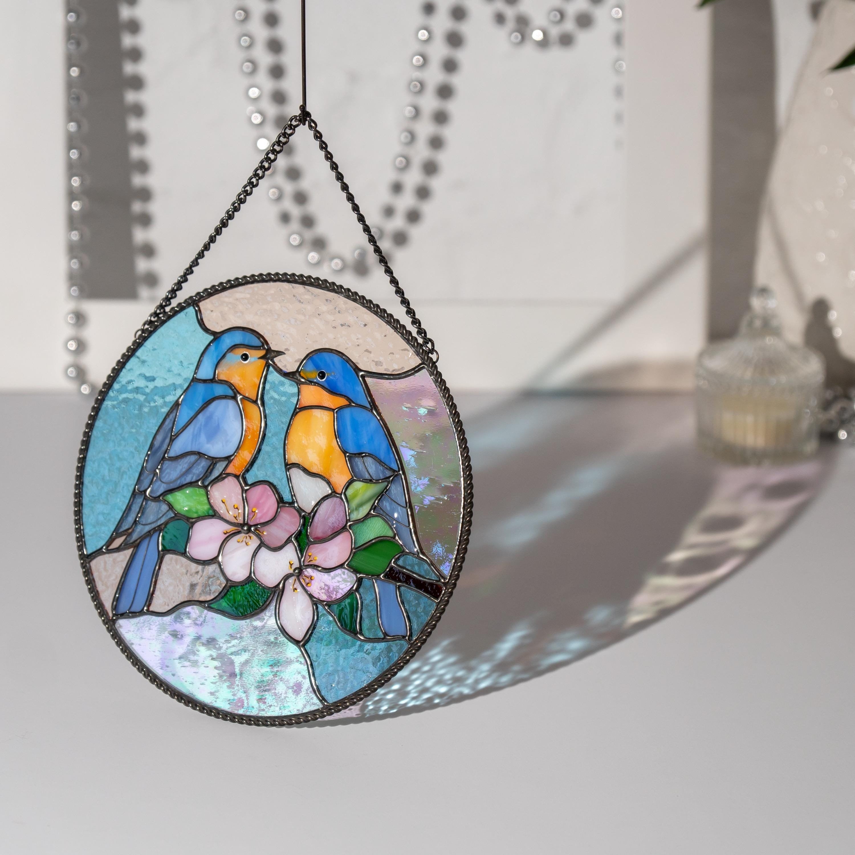 Bluebird stained glass panel Grandma gift Stained glass bird suncatcher Handmade product room decor aesthetic
