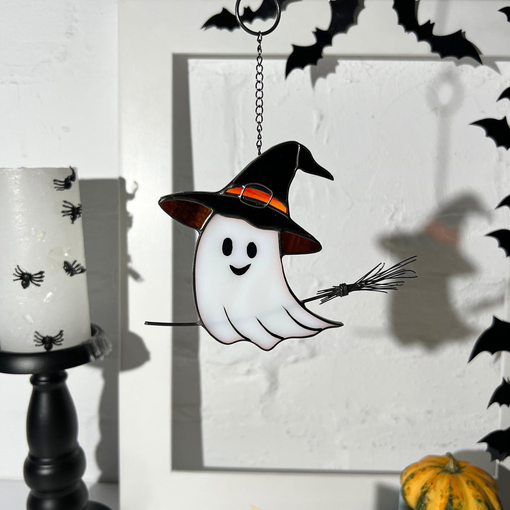 Halloween stained glass window hangings Ghost face Custom stained glass Halloween artwork Haunted items Halloween gift