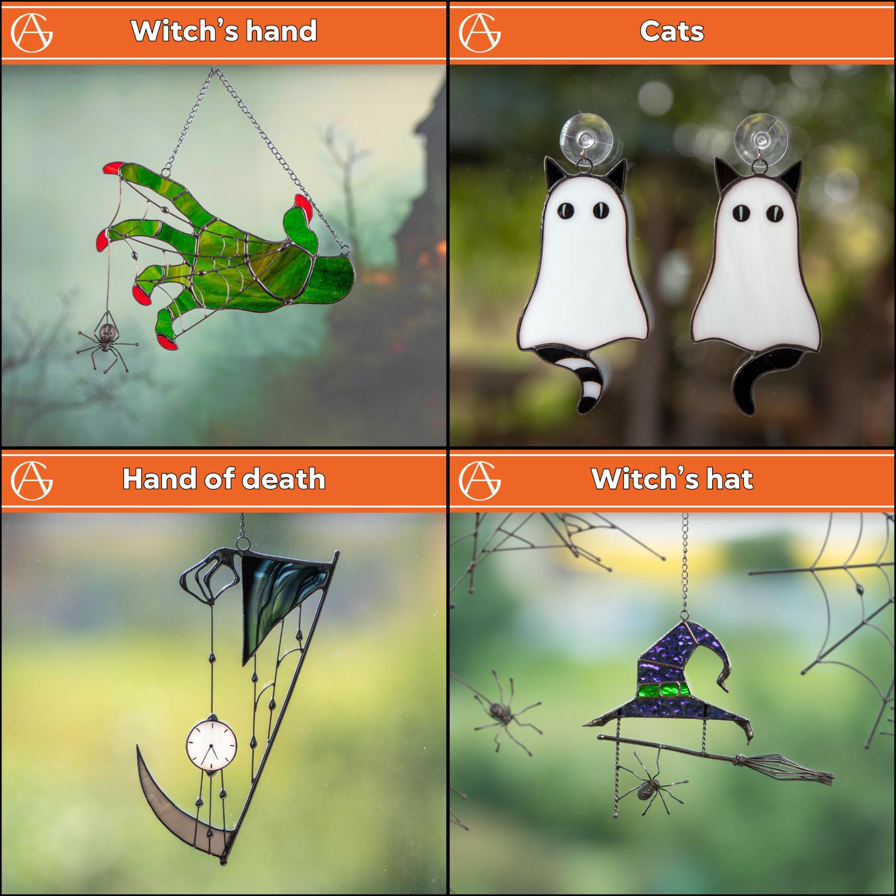 Stained glass witches broom Halloween spirit Custom stained glass window hangings Wizard hat Halloween stained glass web suncatchers