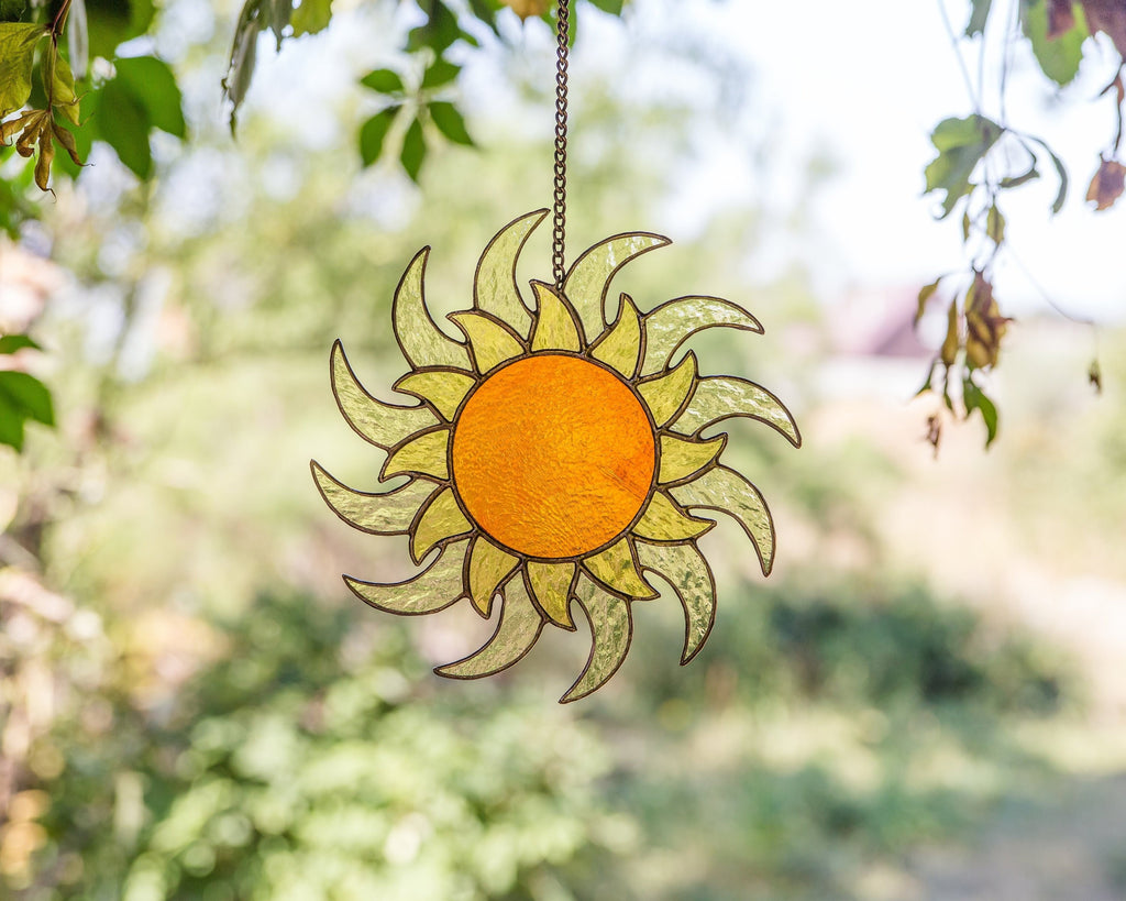 Sun ornament stained glass window hangings Best gift for mom Sunshine party decor Custom stained glass ornament Housewarming gifts