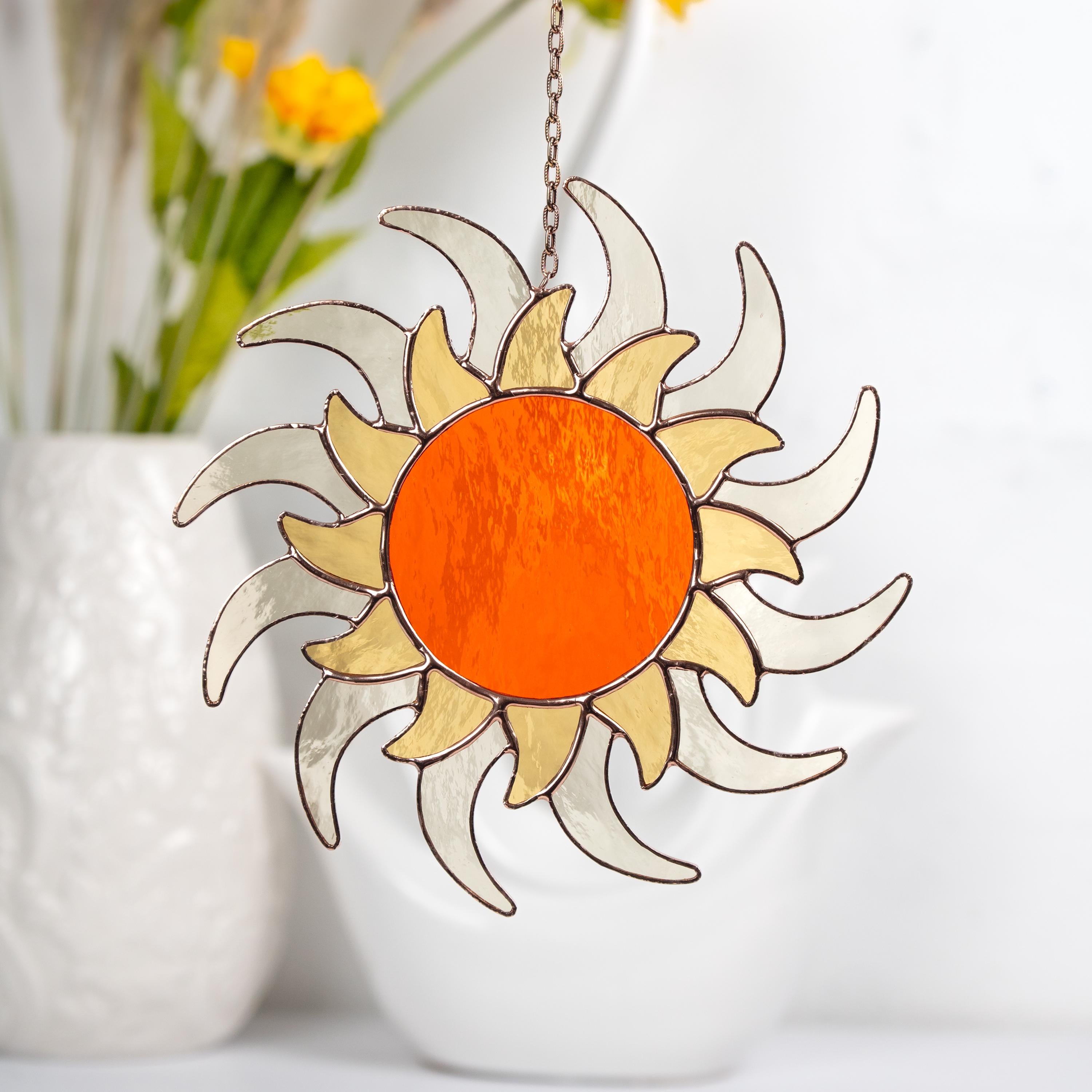 Sun ornament stained glass window hangings Best gift for mom Sunshine party decor Custom stained glass ornament Housewarming gifts