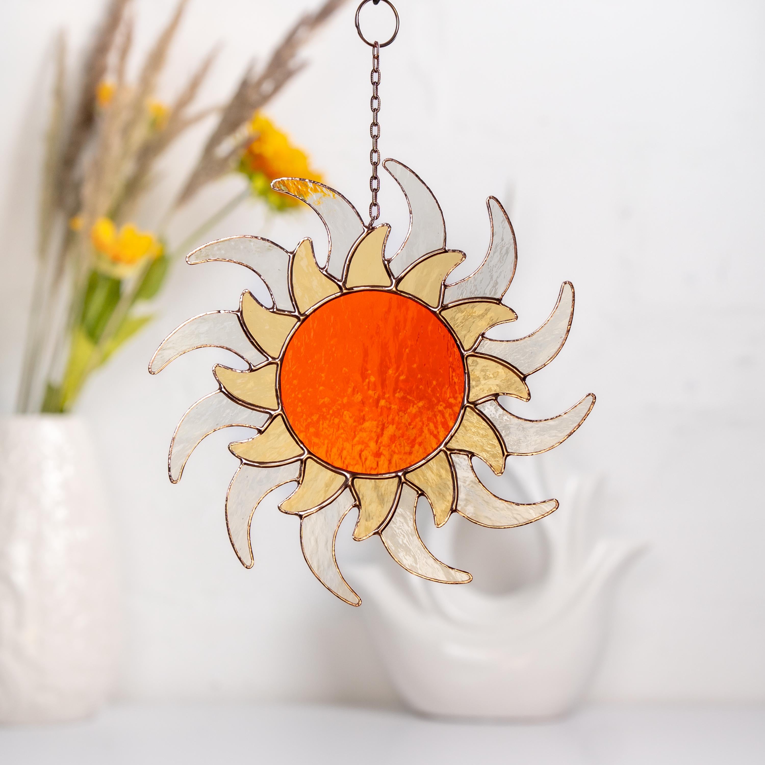 Sun ornament stained glass window hangings Best gift for mom Sunshine party decor Custom stained glass ornament Housewarming gifts