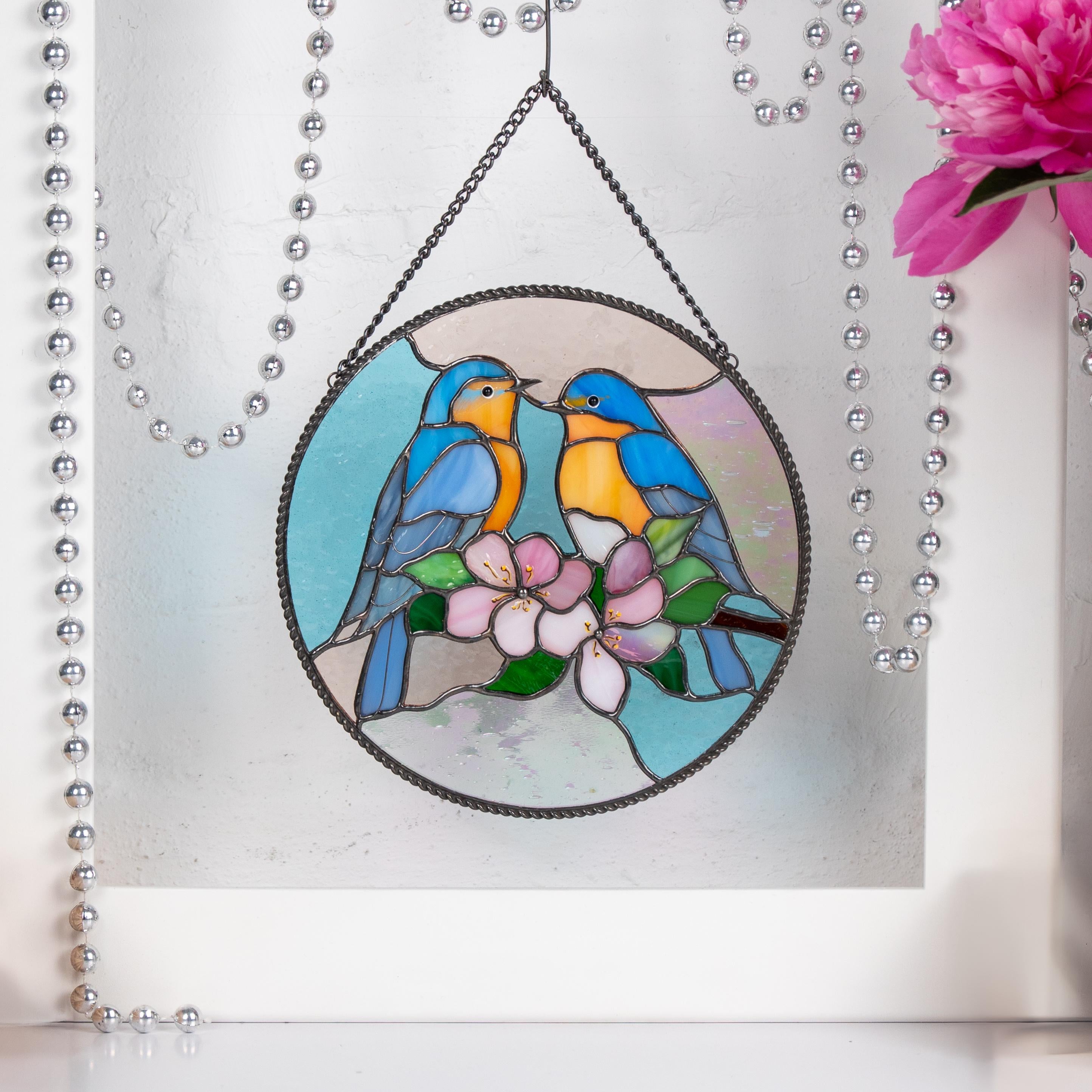 Bluebird stained glass panel Grandma gift Stained glass bird suncatcher Handmade product room decor aesthetic