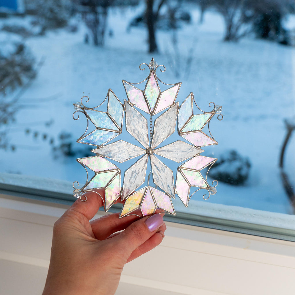 Stained glass window hangings Snowflake suncatcher Christmas vacation decor Custom stained glass ornament Christmas gift