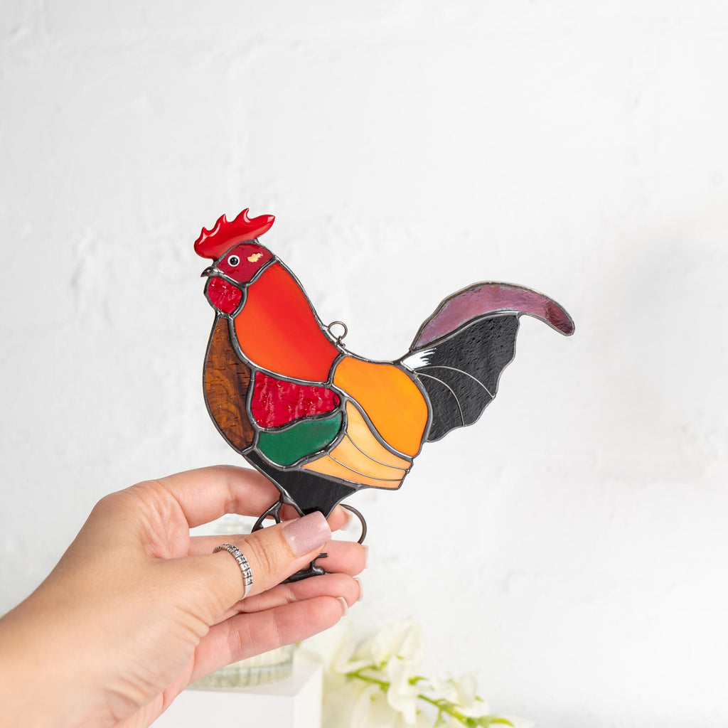 Stained glass rooster wall hanging Godfather gift Custom stained glass bird suncatcher Modern stained glass window hangings