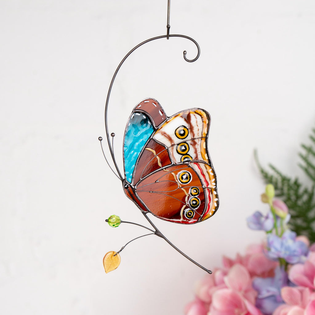 Stained glass butterfly garden art New mom gift Morpho butterfly Custom stained glass butterfly ornament Modern stained glass suncatcher