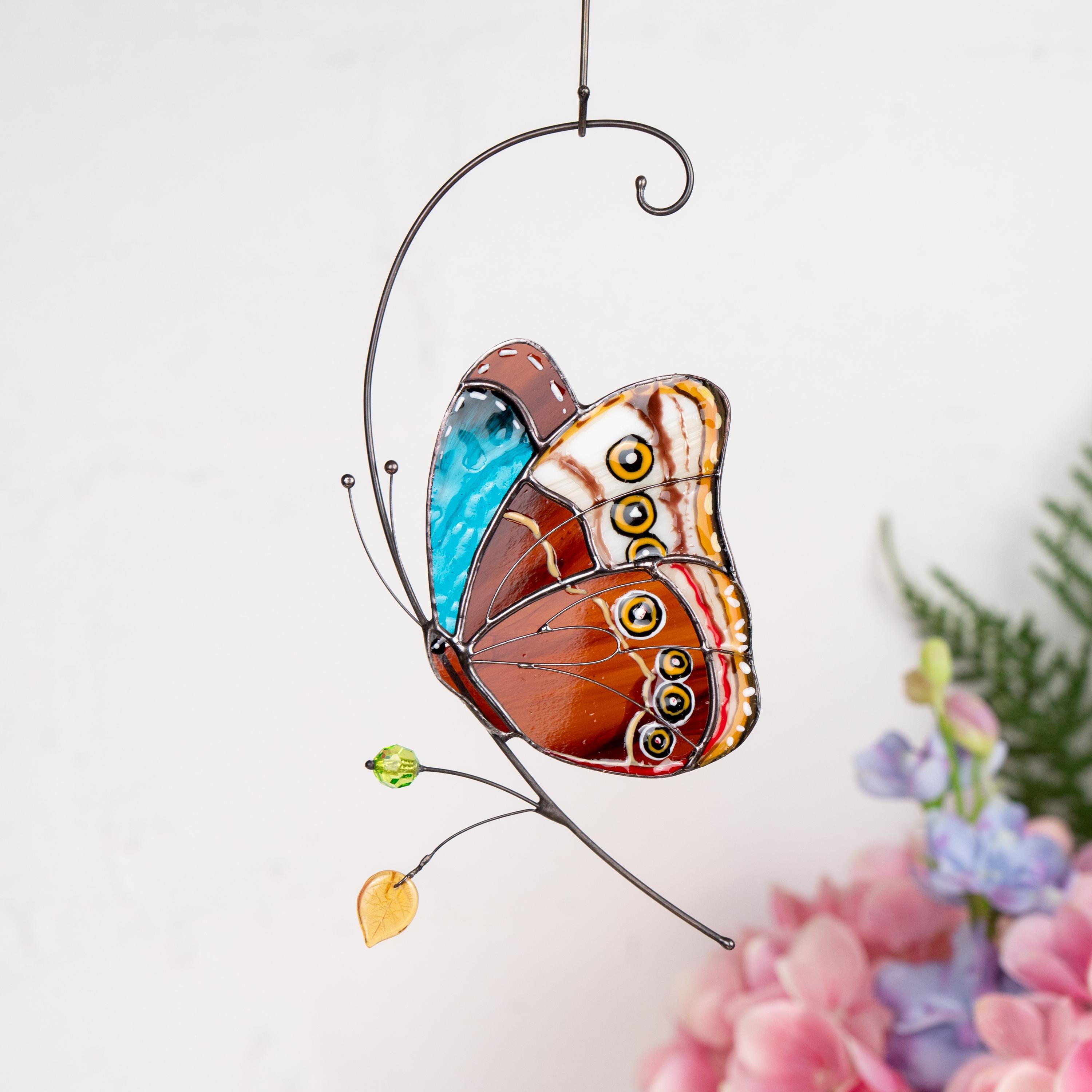 Stained glass butterfly garden art New mom gift Morpho butterfly Custom stained glass butterfly ornament Modern stained glass suncatcher