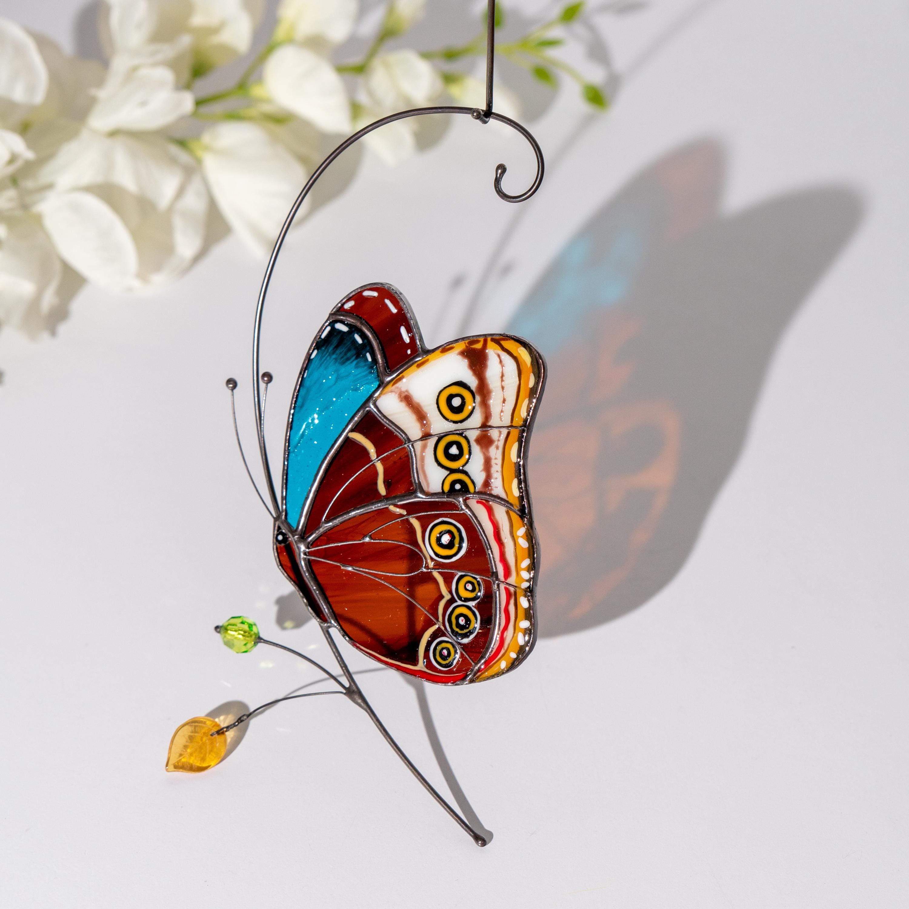 Stained glass butterfly garden art New mom gift Morpho butterfly Custom stained glass butterfly ornament Modern stained glass suncatcher