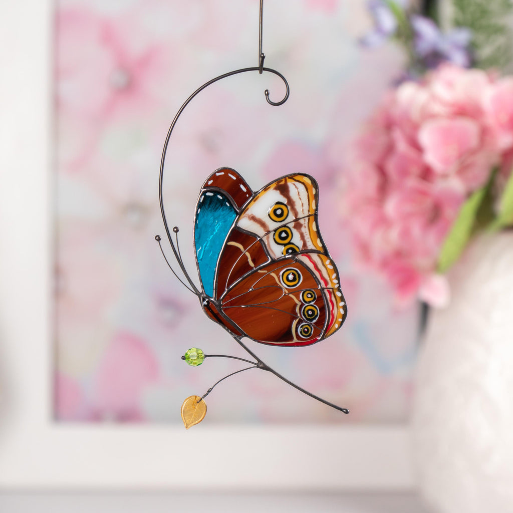 Stained glass window hangings Godmother gift Morpho Custom stained glass butterfly ornament Fairy garden accessories