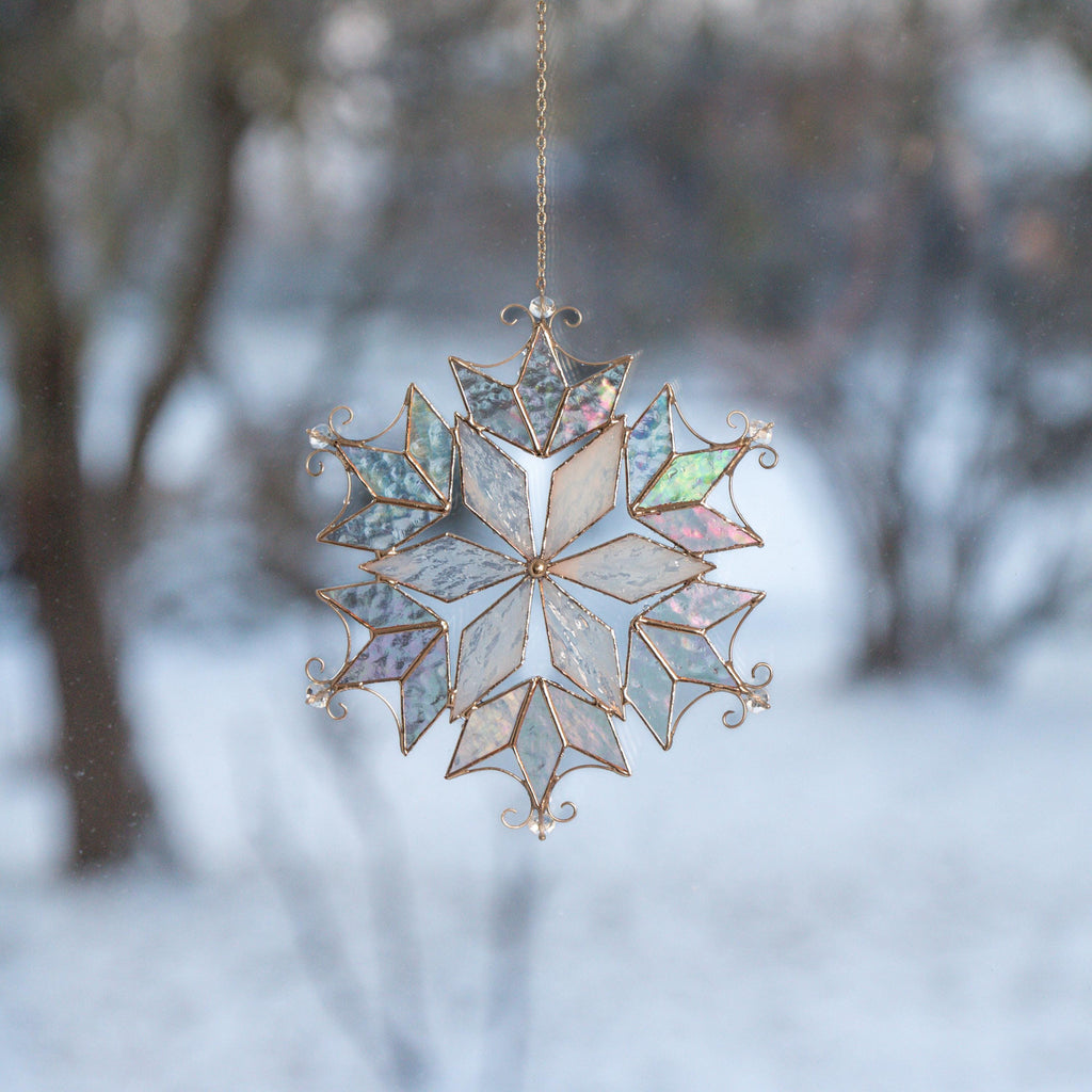 Stained glass ornament Snowflake suncatcher Modern stained glass window hangings Christmas vacation decor Custom stained glass suncatcher