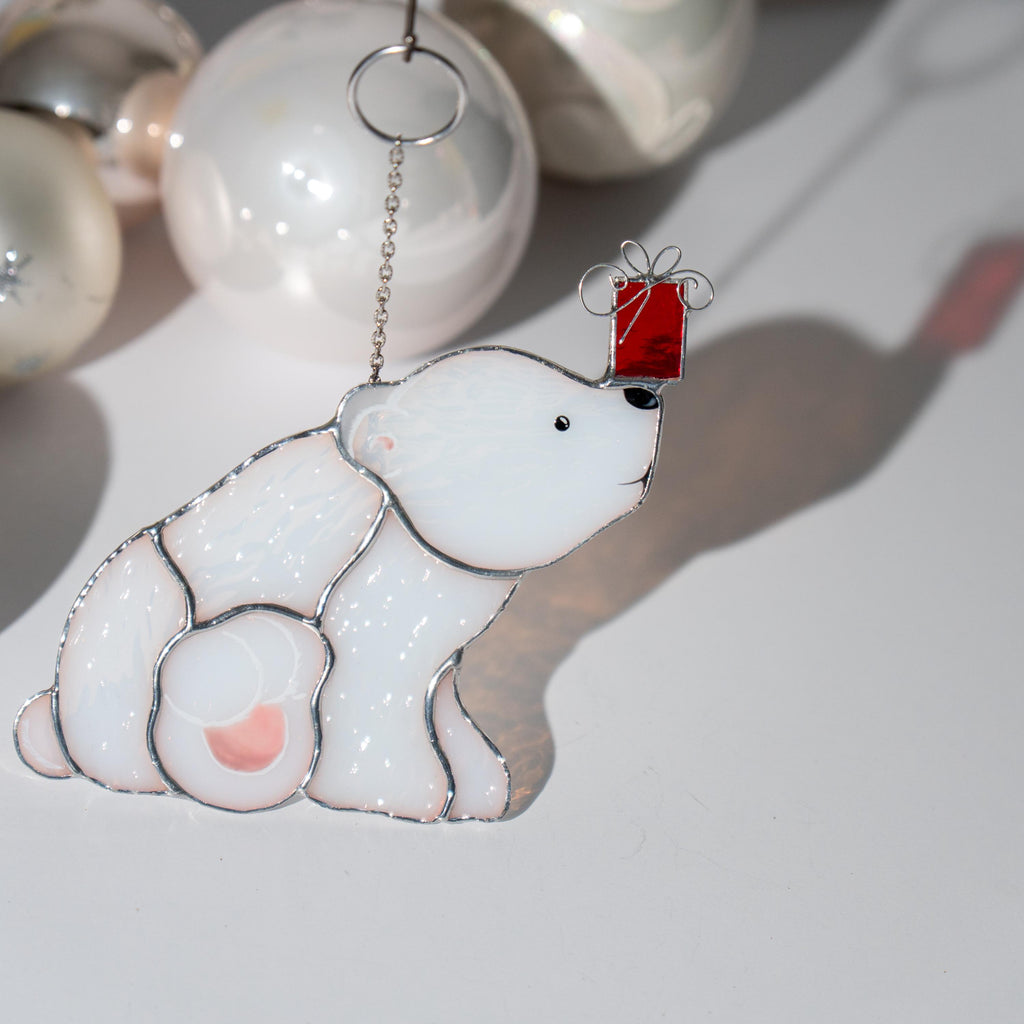 Bear stained glass suncatcher Friend Christmas gifts Christmas tree ornaments stained glass window hangings Winter art Handmade product