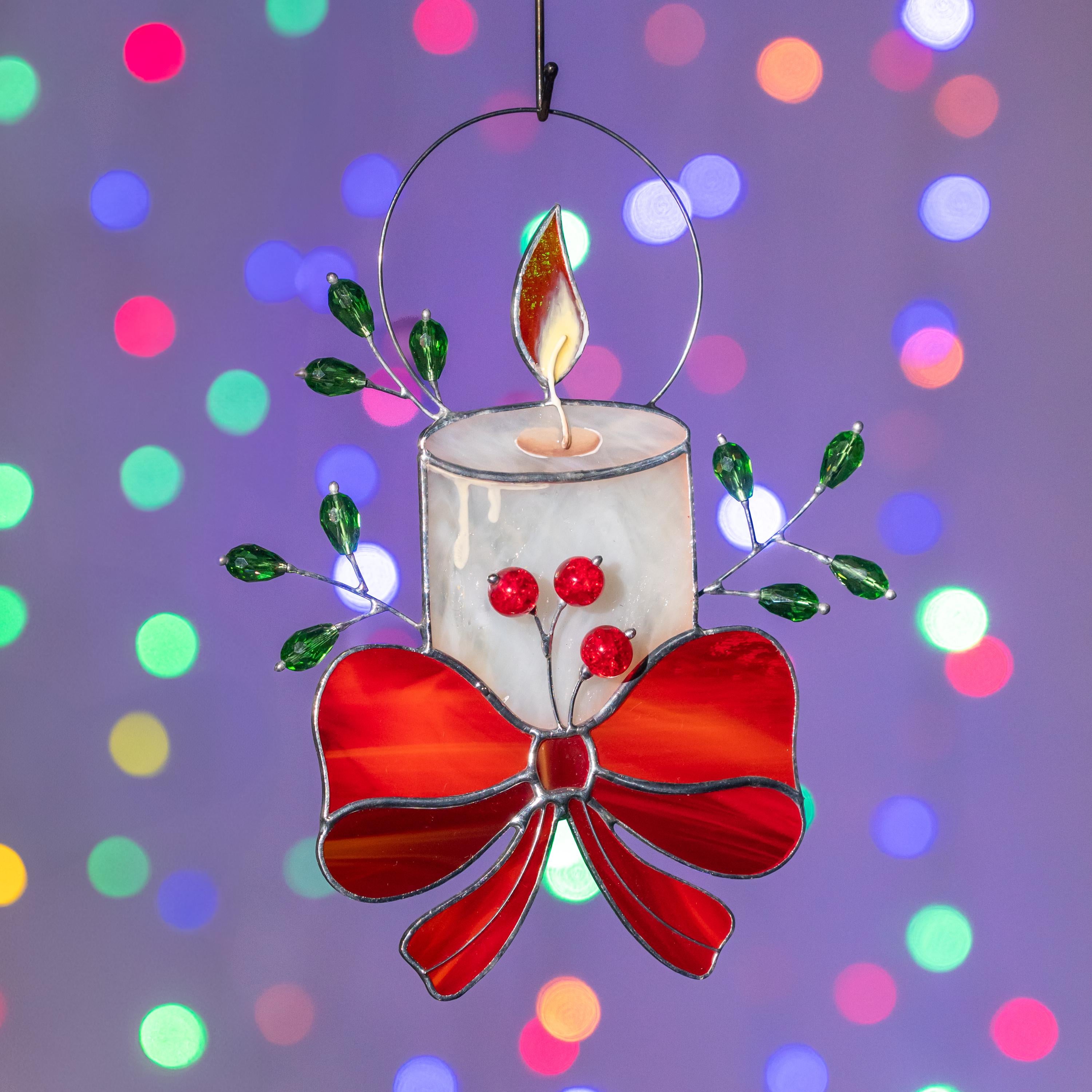Christmas candle stained glass window hangings Handmade Christmas gift Winter candles stained glass suncatcher Home decor items aesthetic
