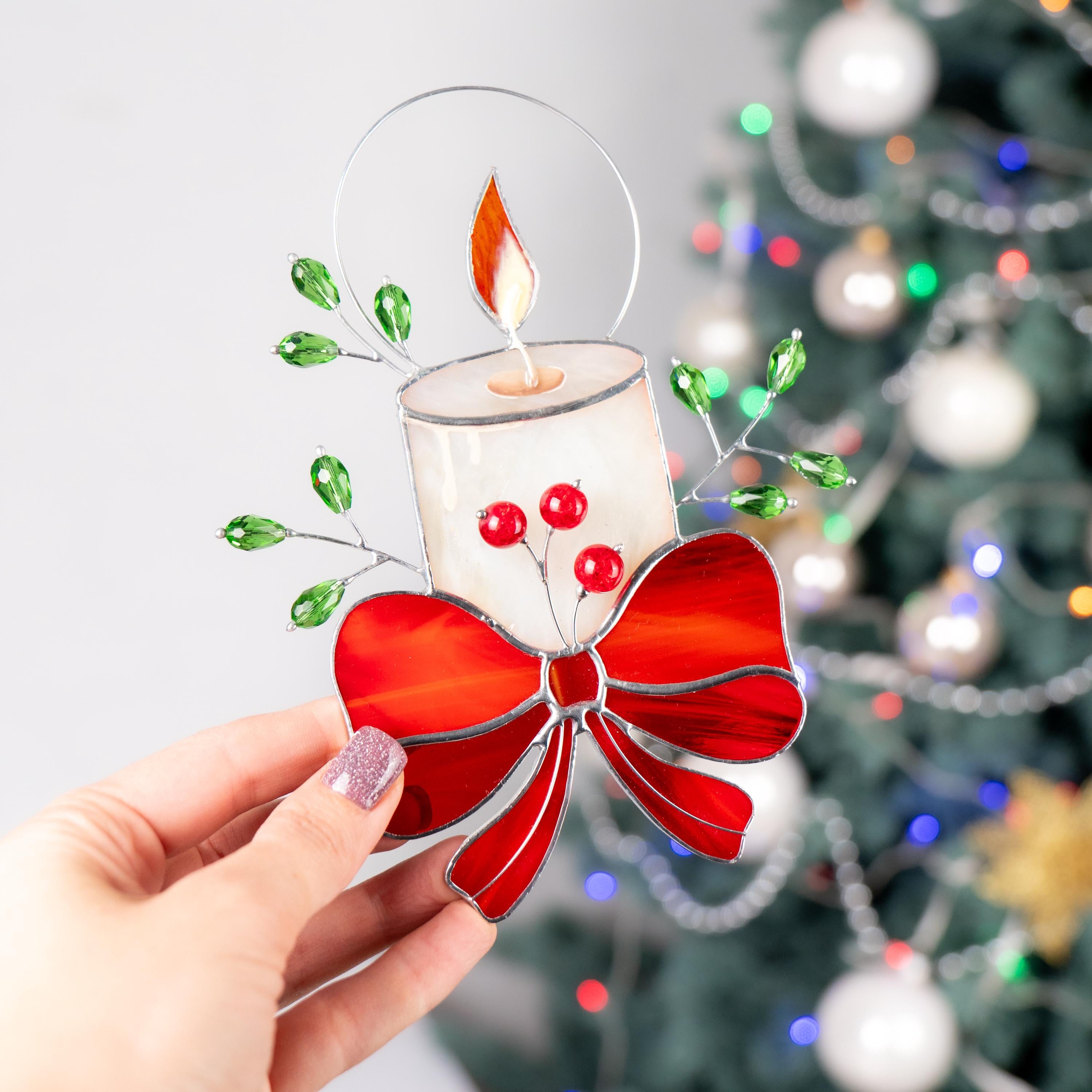 Christmas candle stained glass window hangings Handmade Christmas gift Winter candles stained glass suncatcher Home decor items aesthetic
