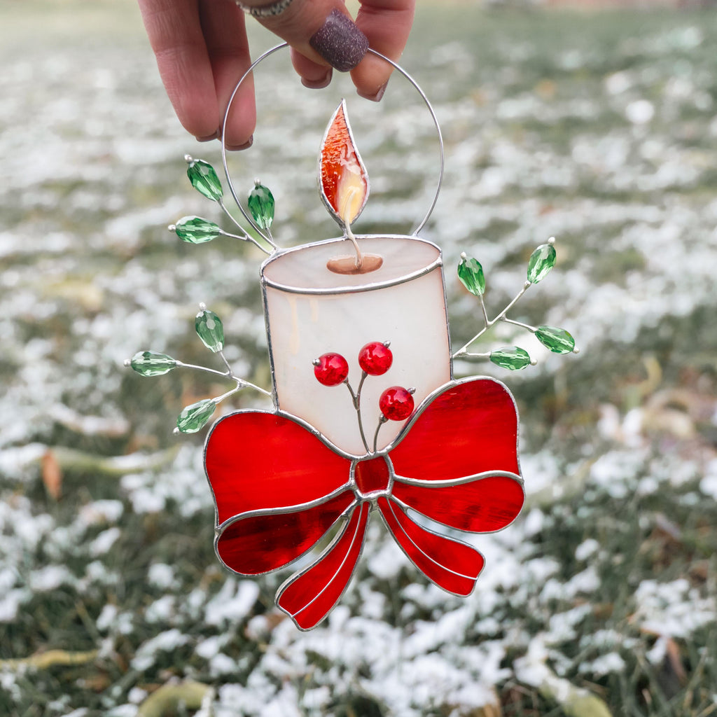 Christmas candle stained glass window hangings Handmade Christmas gift Winter candles stained glass suncatcher Home decor items aesthetic