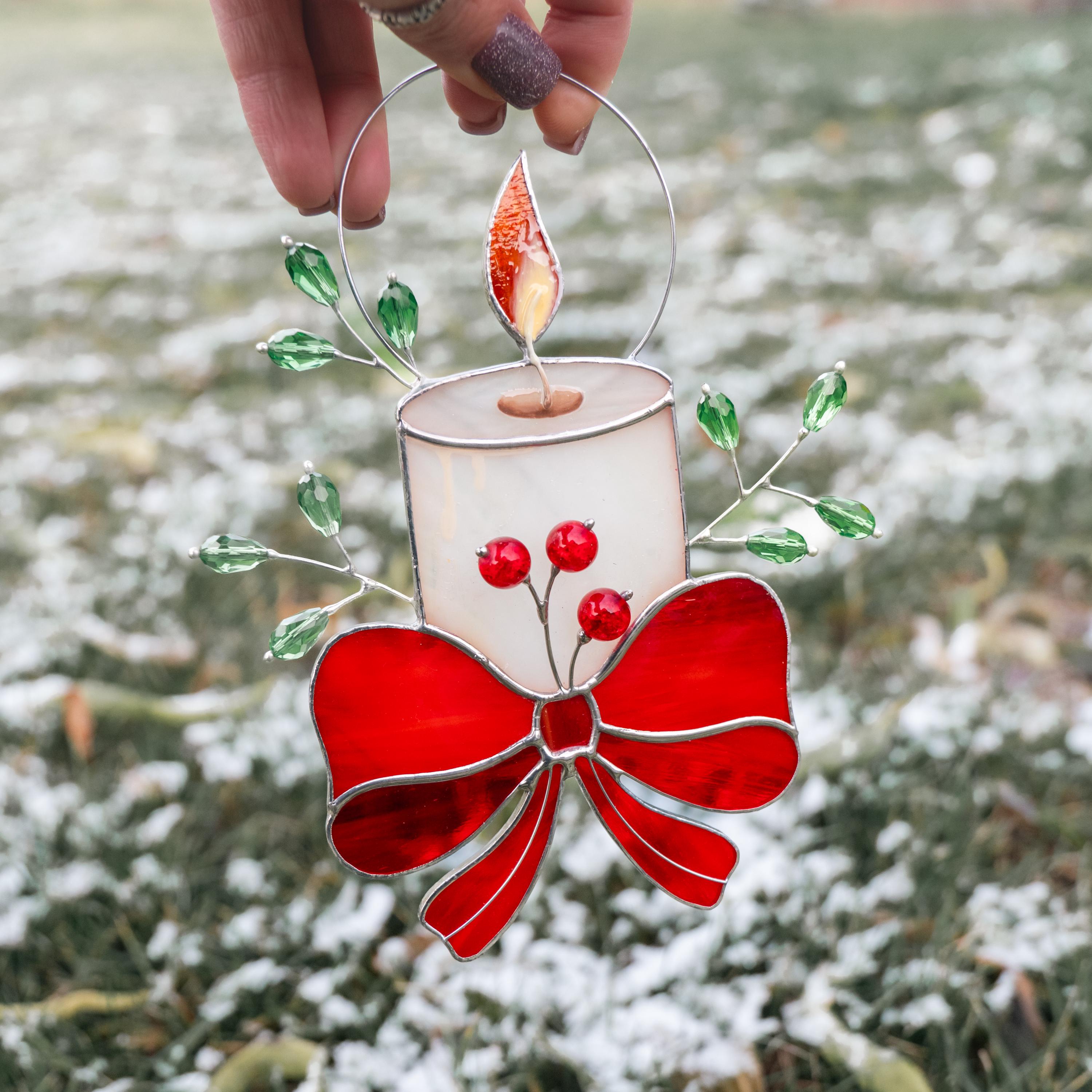 Christmas candle stained glass window hangings Handmade Christmas gift Winter candles stained glass suncatcher Home decor items aesthetic