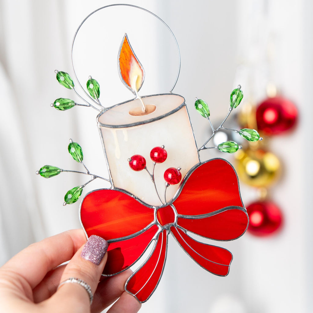 Christmas candle stained glass window hangings Handmade Christmas gift Winter candles stained glass suncatcher Home decor items aesthetic