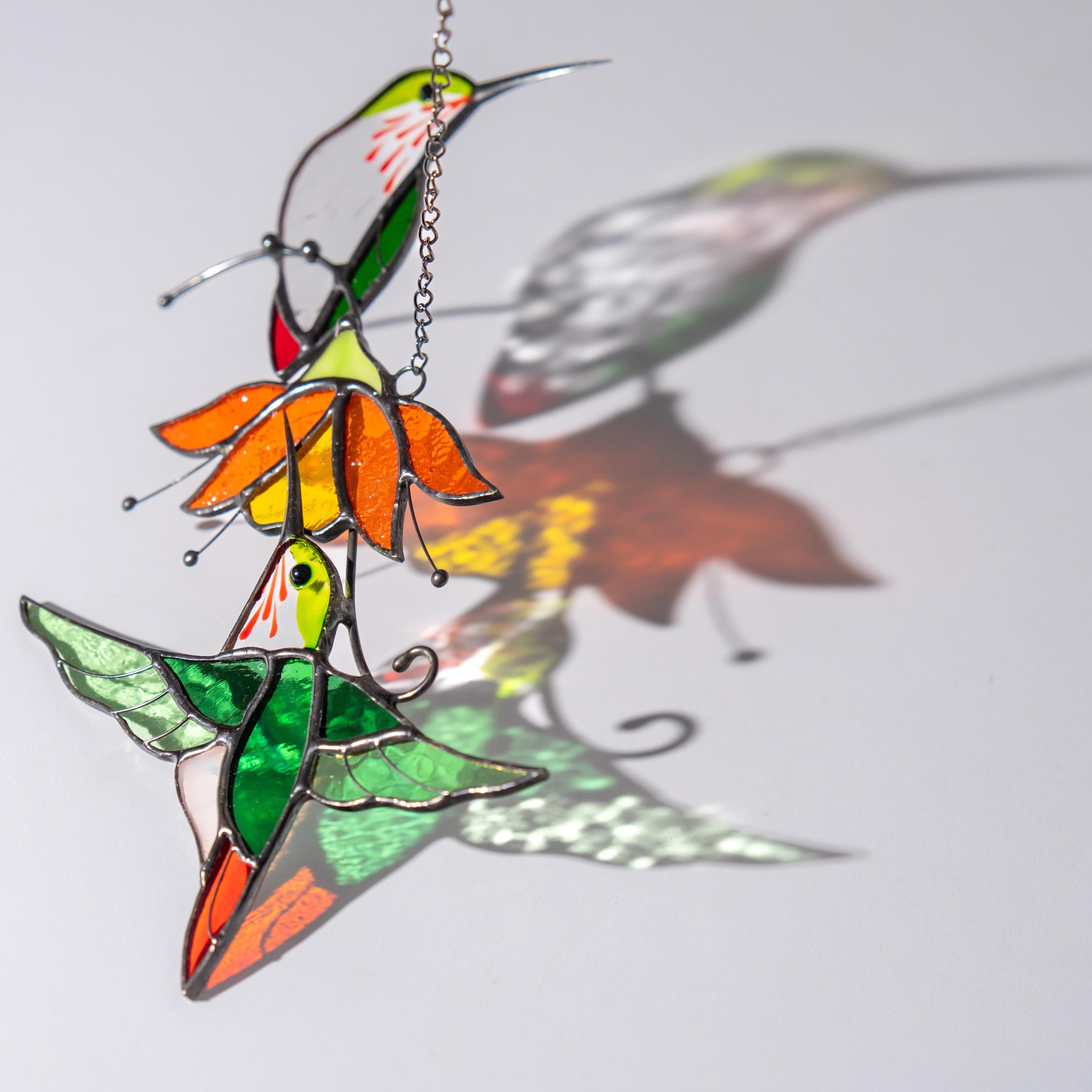 Hummingbird stained glass birds Best gift for mom Custom stained glass window hangings Fairy garden accessories