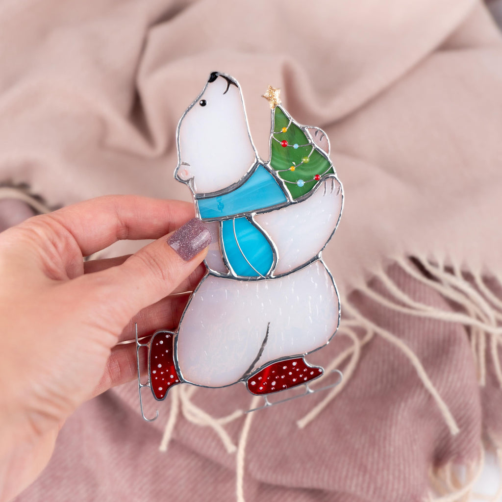 Glass Christmas ornaments stained glass window hangings Bear stained glass suncatcher Holiday hosting decor Polar bear Daughter in law gift