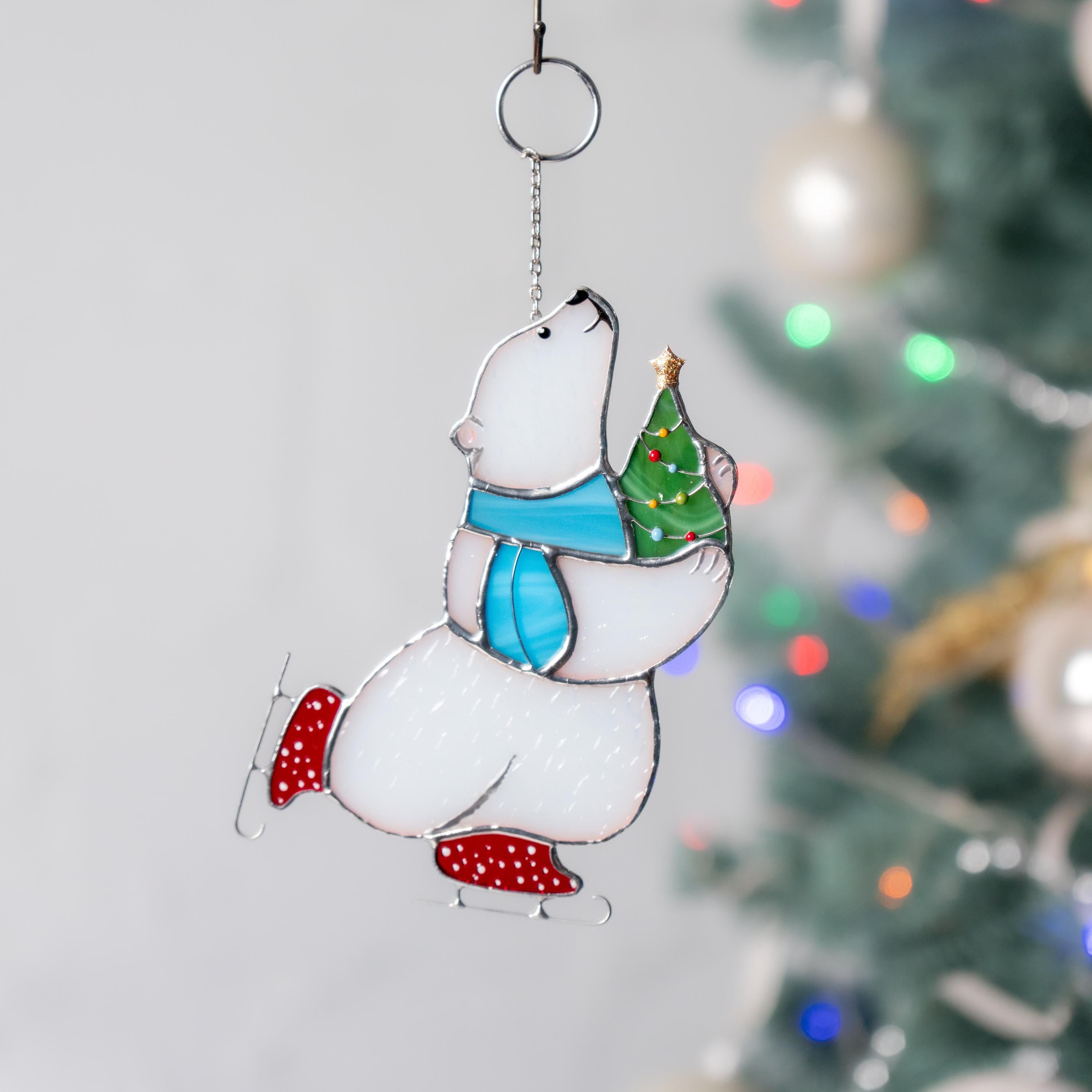 Glass Christmas ornaments stained glass window hangings Bear stained glass suncatcher Holiday hosting decor Polar bear Daughter in law gift