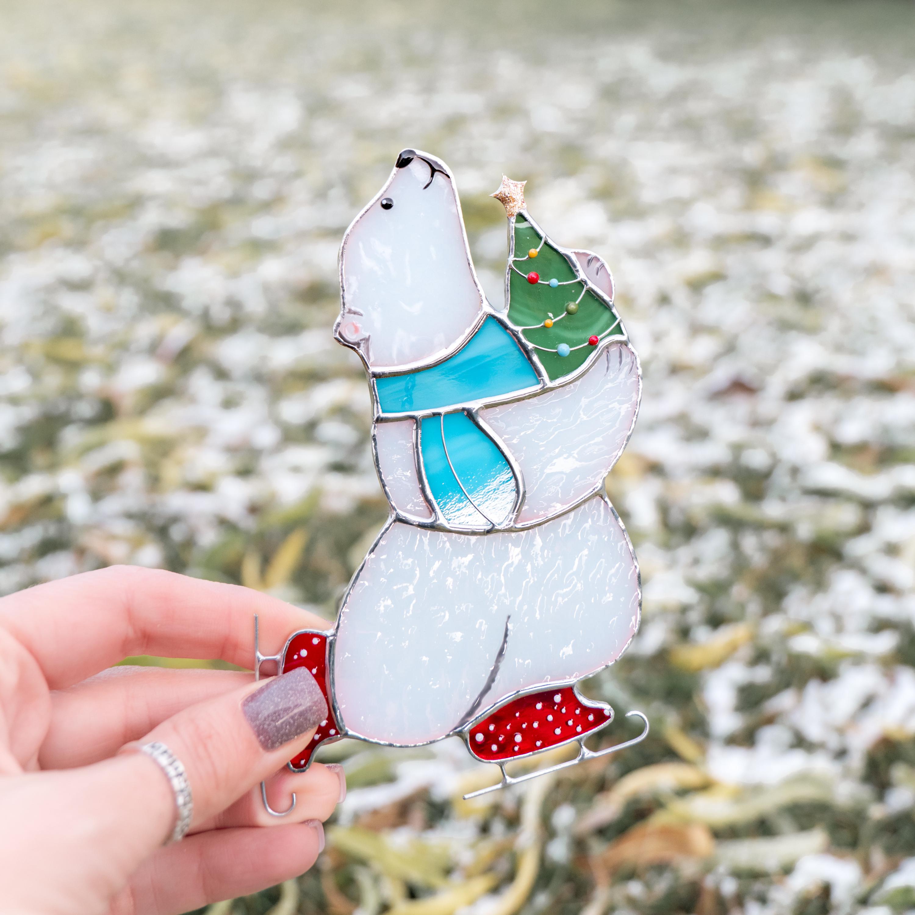 Glass Christmas ornaments stained glass window hangings Bear stained glass suncatcher Holiday hosting decor Polar bear Daughter in law gift