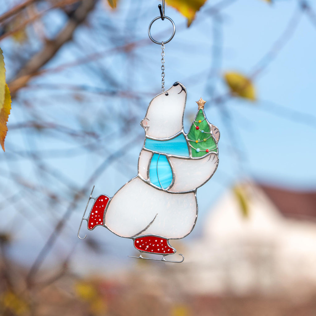 Glass Christmas ornaments stained glass window hangings Bear stained glass suncatcher Holiday hosting decor Polar bear Daughter in law gift