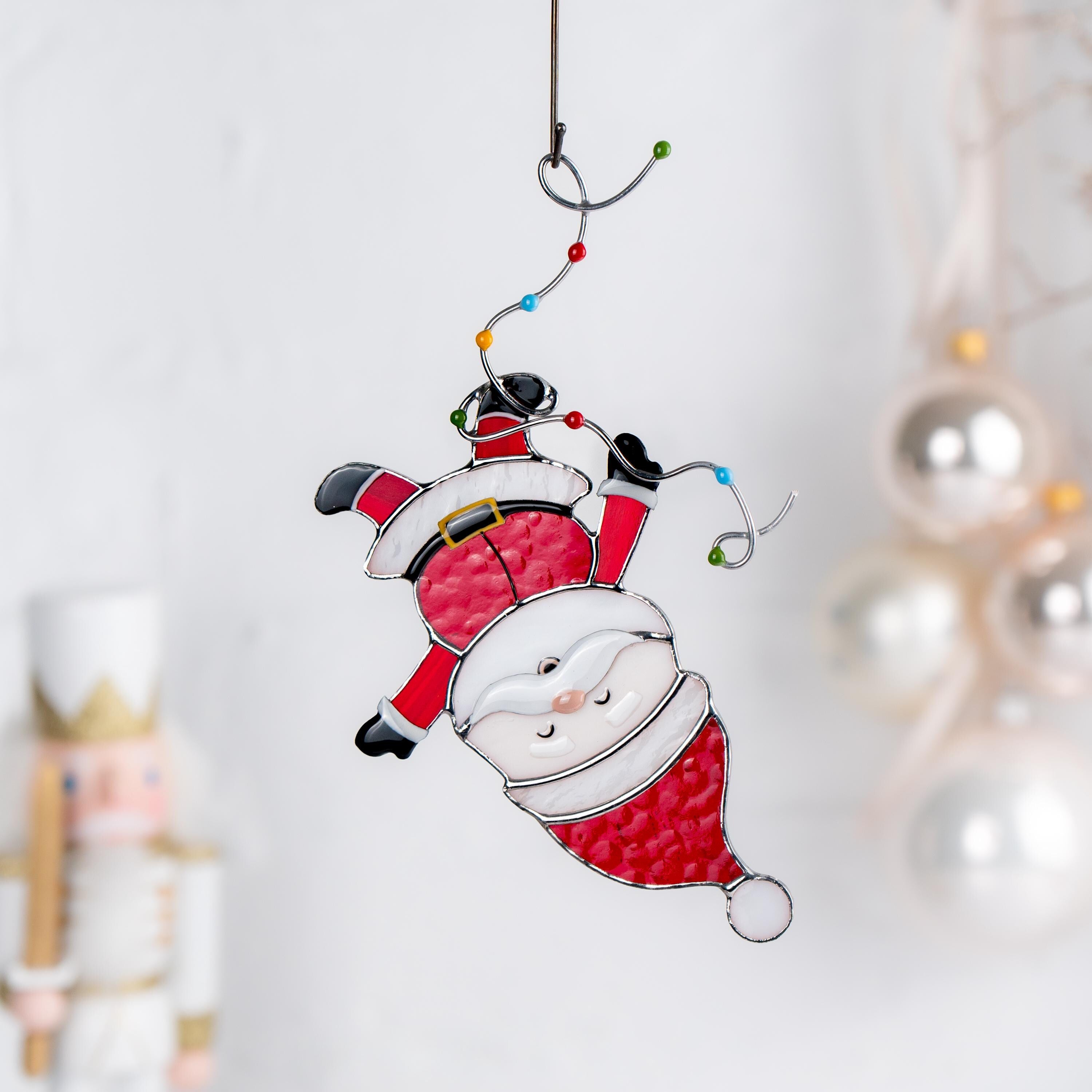 Santa ornament stained glass suncatcher Grandpa gift Secret Santa gifts stained glass window hangings Winter decor Christmas artwork