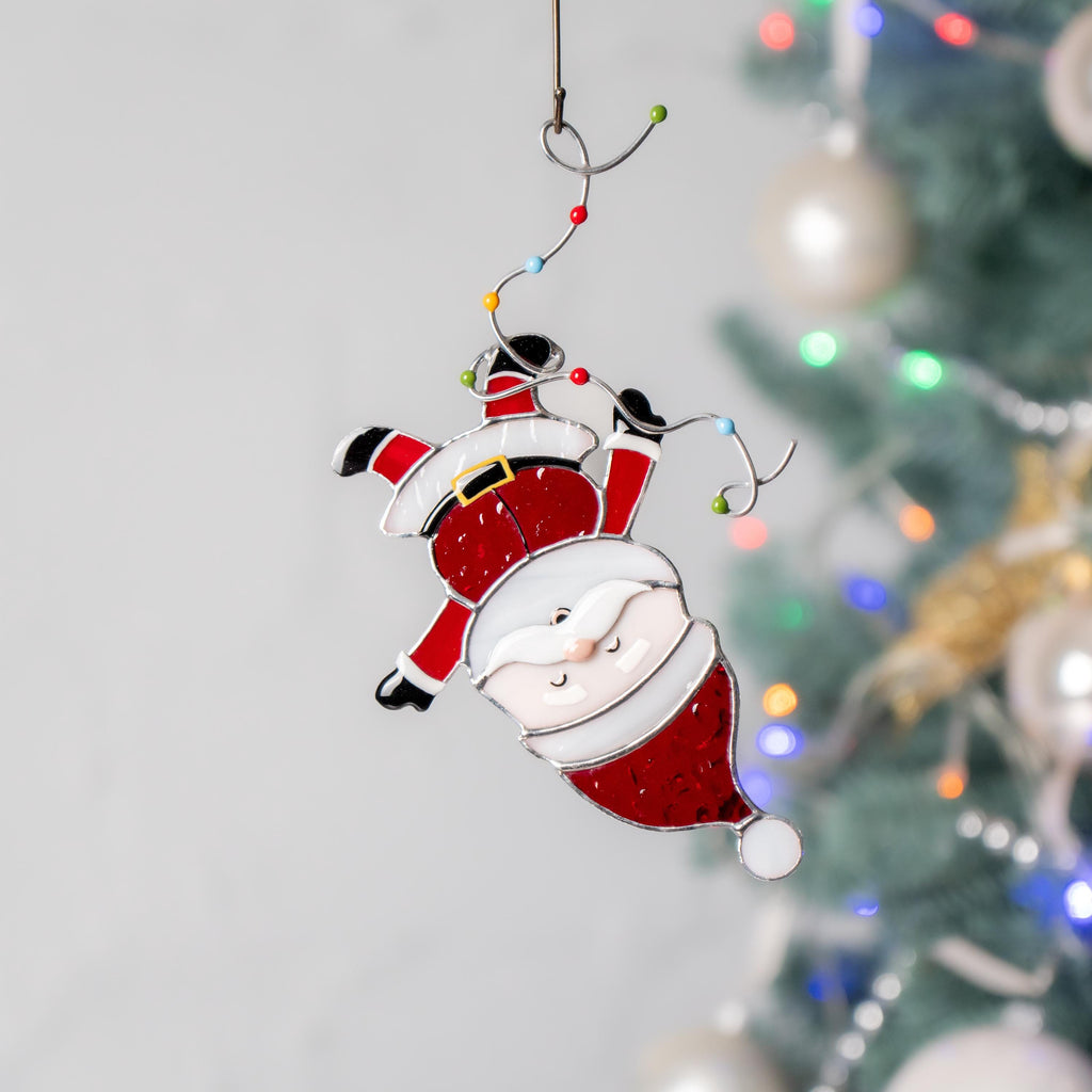 Santa ornament stained glass suncatcher Grandpa gift Secret Santa gifts stained glass window hangings Winter decor Christmas artwork