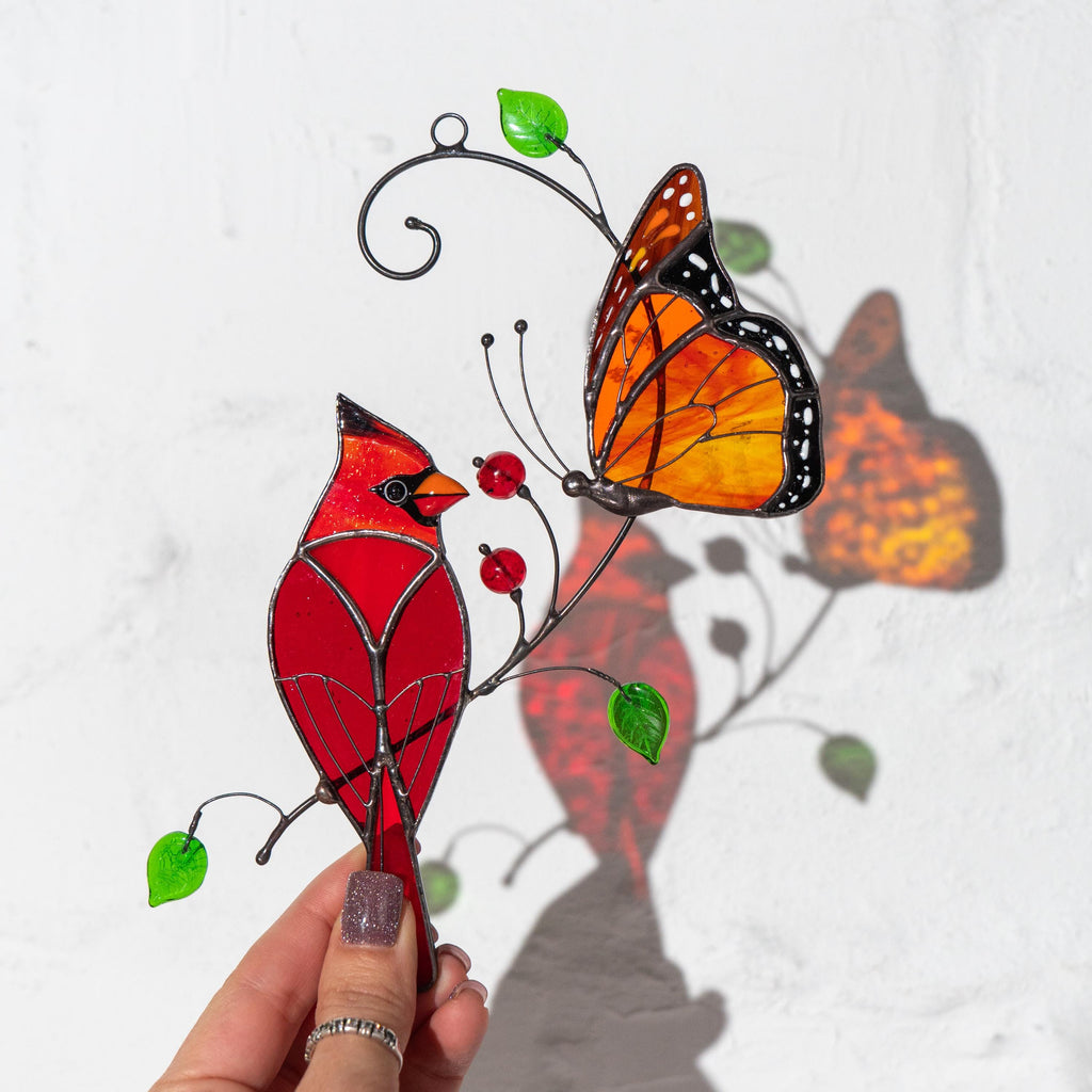 Cardinal stained glass memorial suncatcher Godmother gift Monarch butterfly stained glass window hangings Garden stakes New home gift