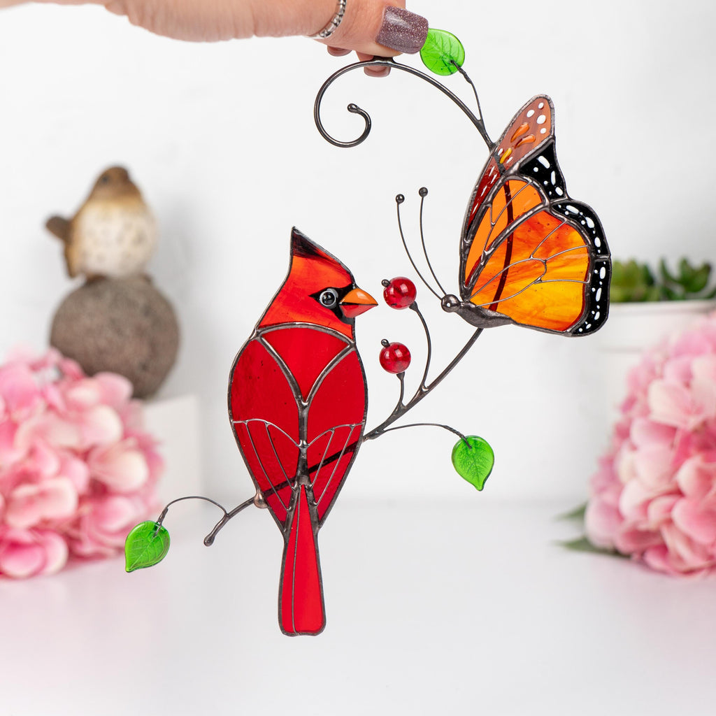 Butterfly artwork Custom stained glass cardinal memorial ornament Fathers day gifts Stained glass window hangings Monarch butterfly