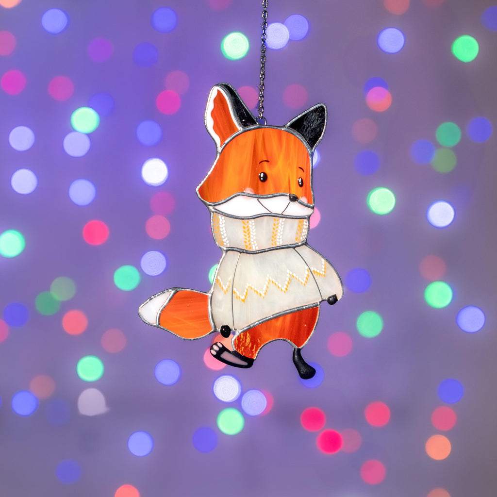 Fox gifts stained glass window hangings Christmas gifts mom Fox stained glass suncatcher Holiday hosting decor Fox family tree ornament