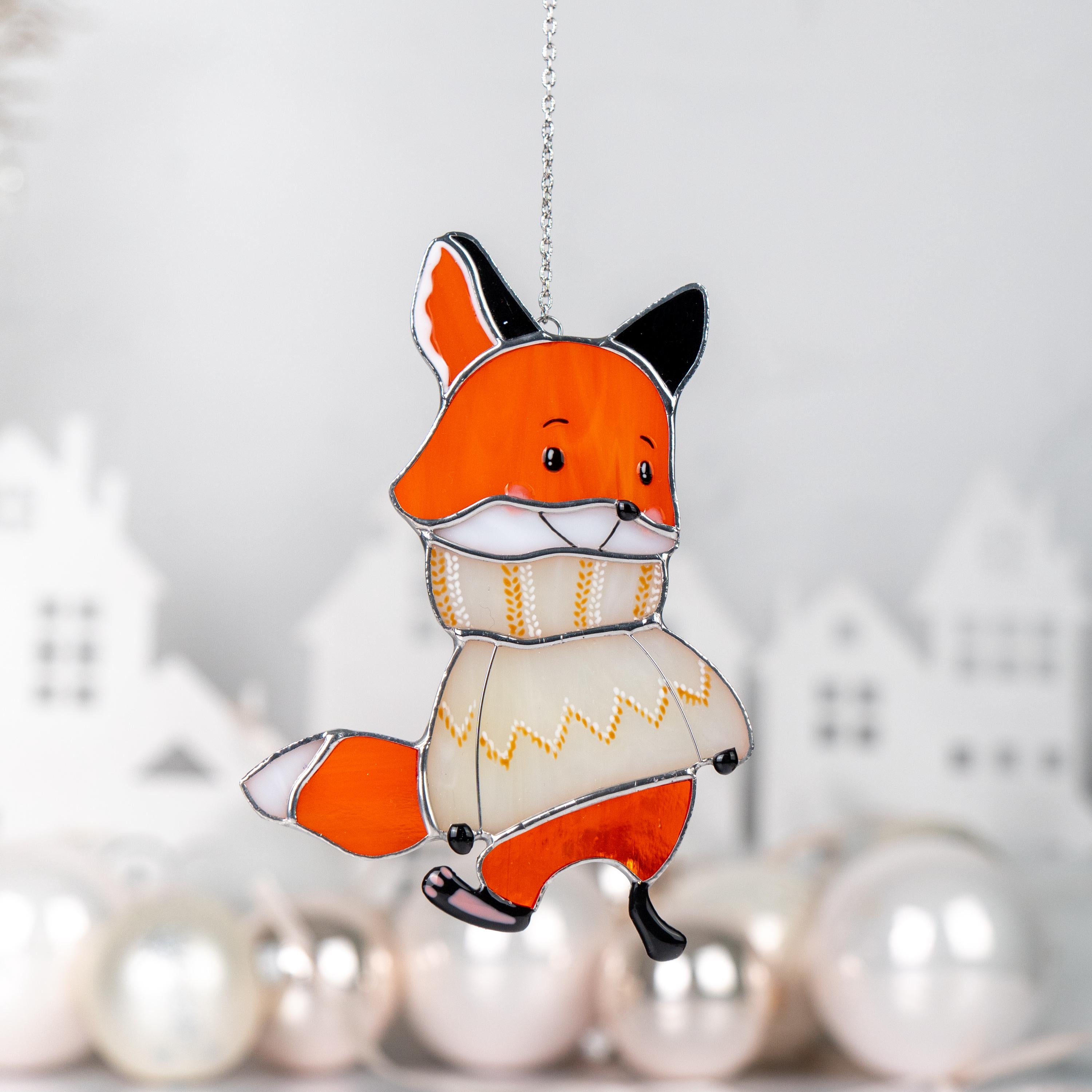 Fox gifts stained glass window hangings Christmas gifts mom Fox stained glass suncatcher Holiday hosting decor Fox family tree ornament