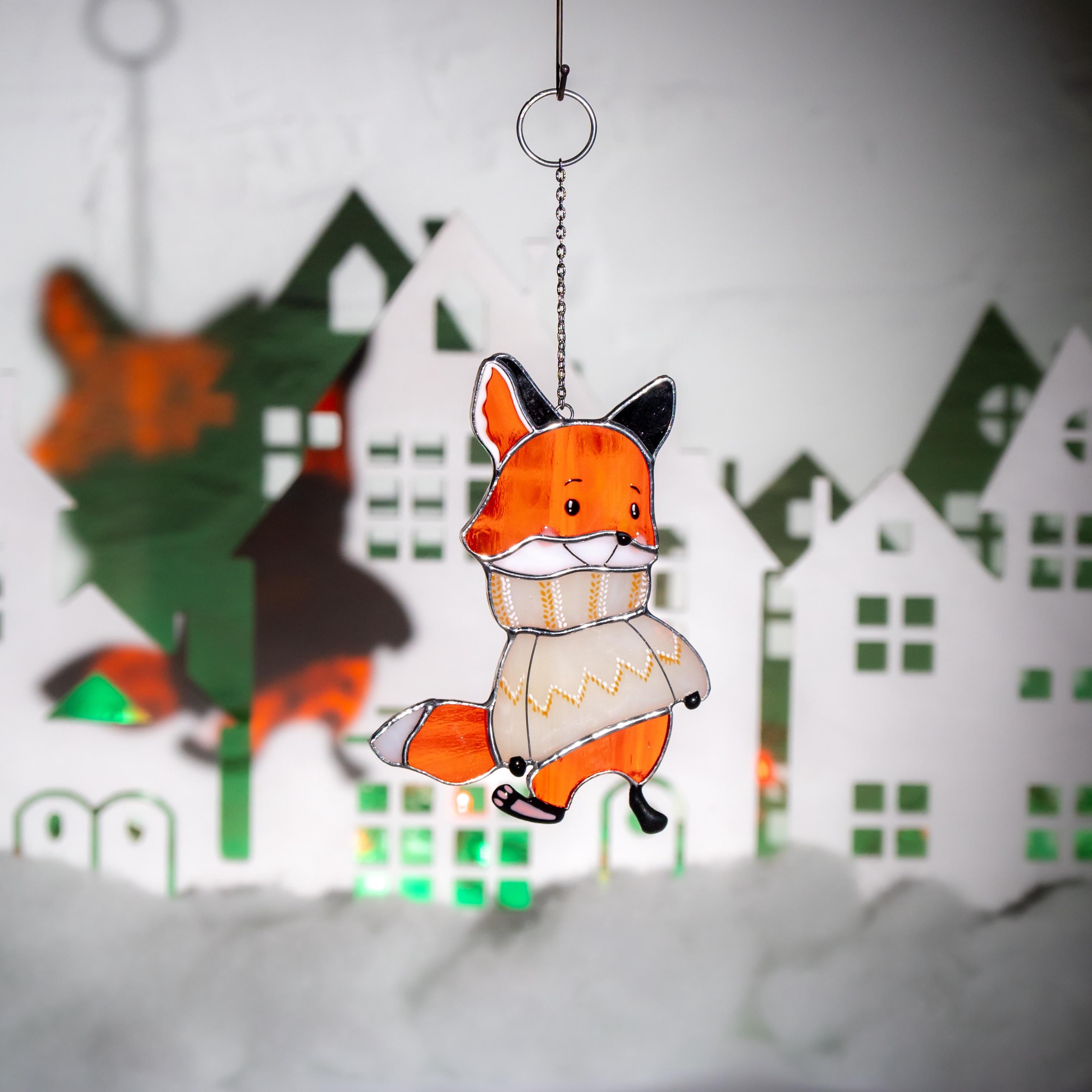 Fox gifts stained glass window hangings Christmas gifts mom Fox stained glass suncatcher Holiday hosting decor Fox family tree ornament