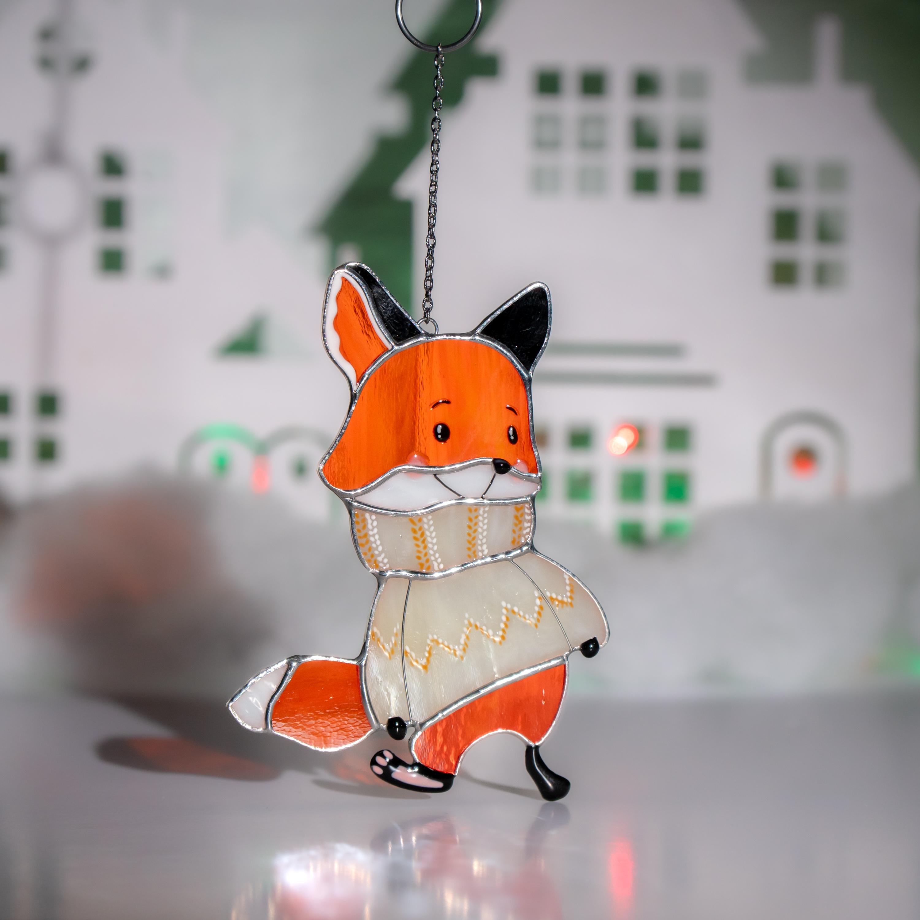 Fox gifts stained glass window hangings Christmas gifts mom Fox stained glass suncatcher Holiday hosting decor Fox family tree ornament