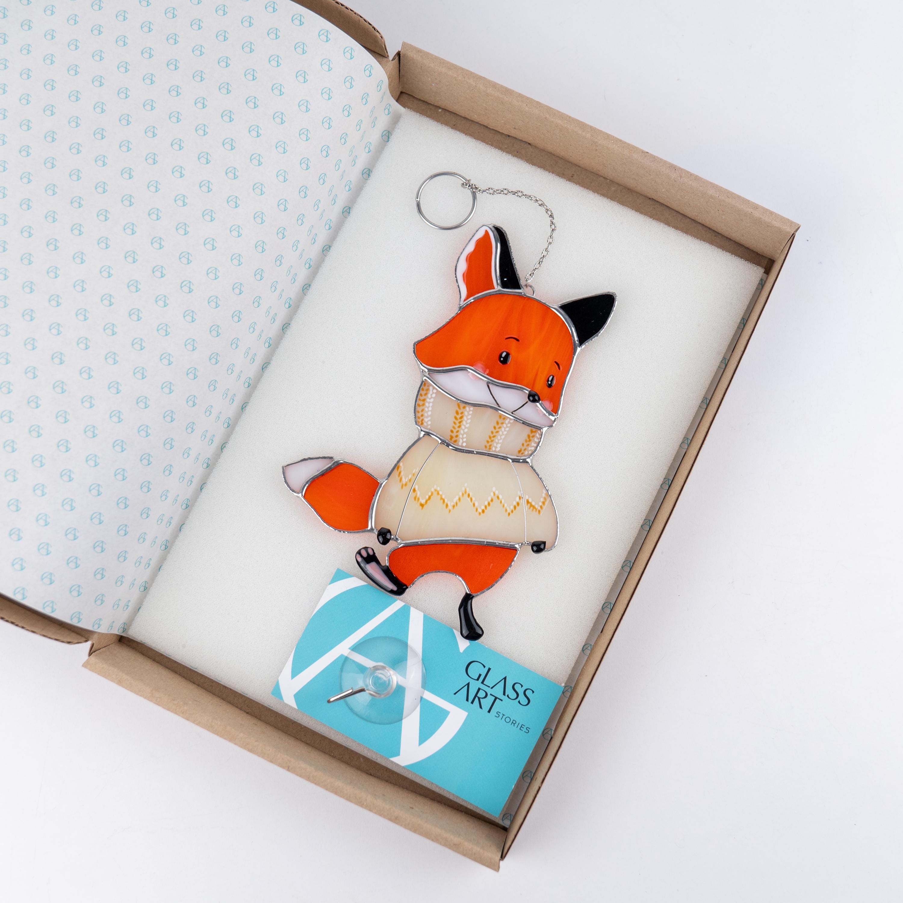 Fox gifts stained glass window hangings Christmas gifts mom Fox stained glass suncatcher Holiday hosting decor Fox family tree ornament