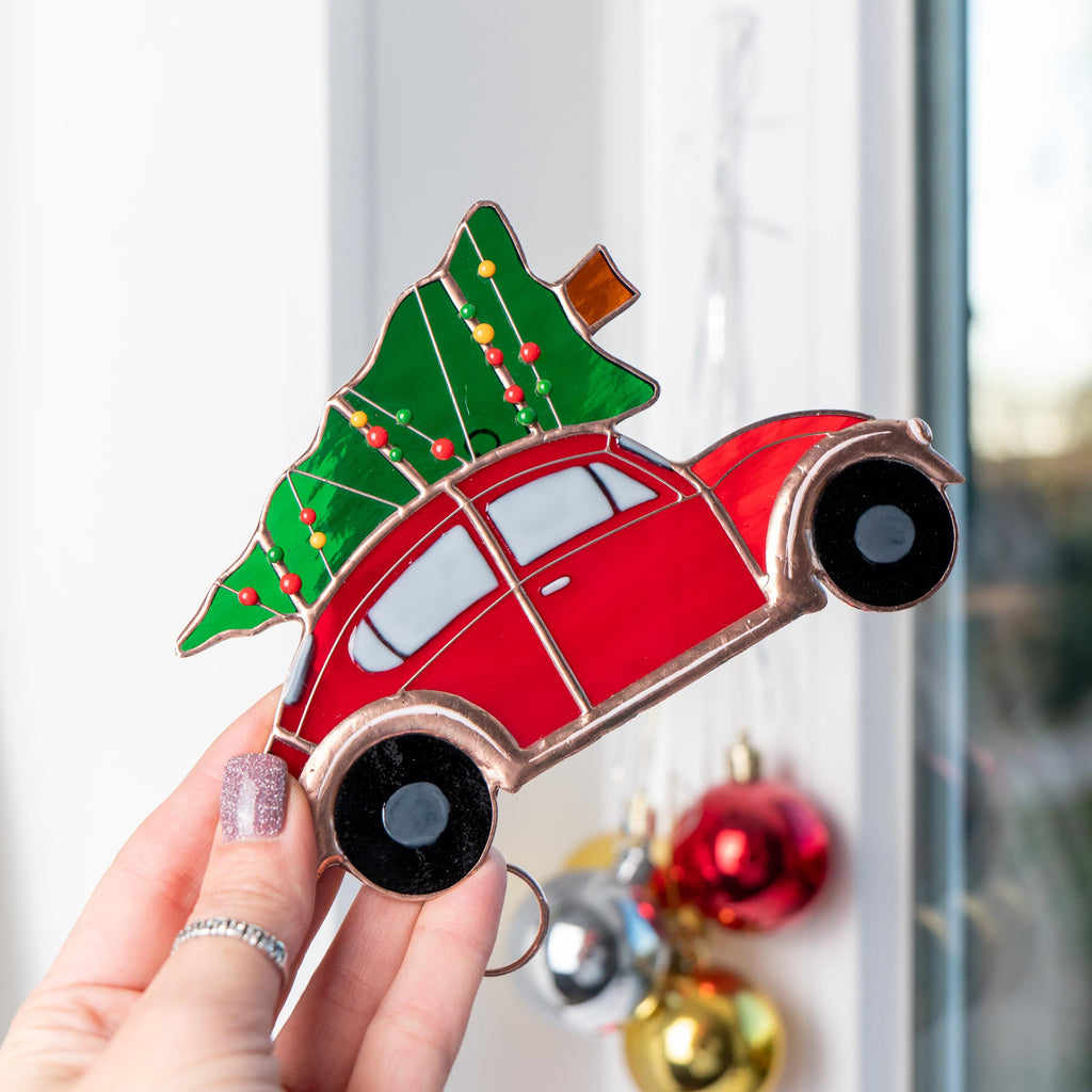 Christmas tree ornaments stained glass window hangings Car art stained glass ornament Holiday hosting decor Car gifts stained glass art