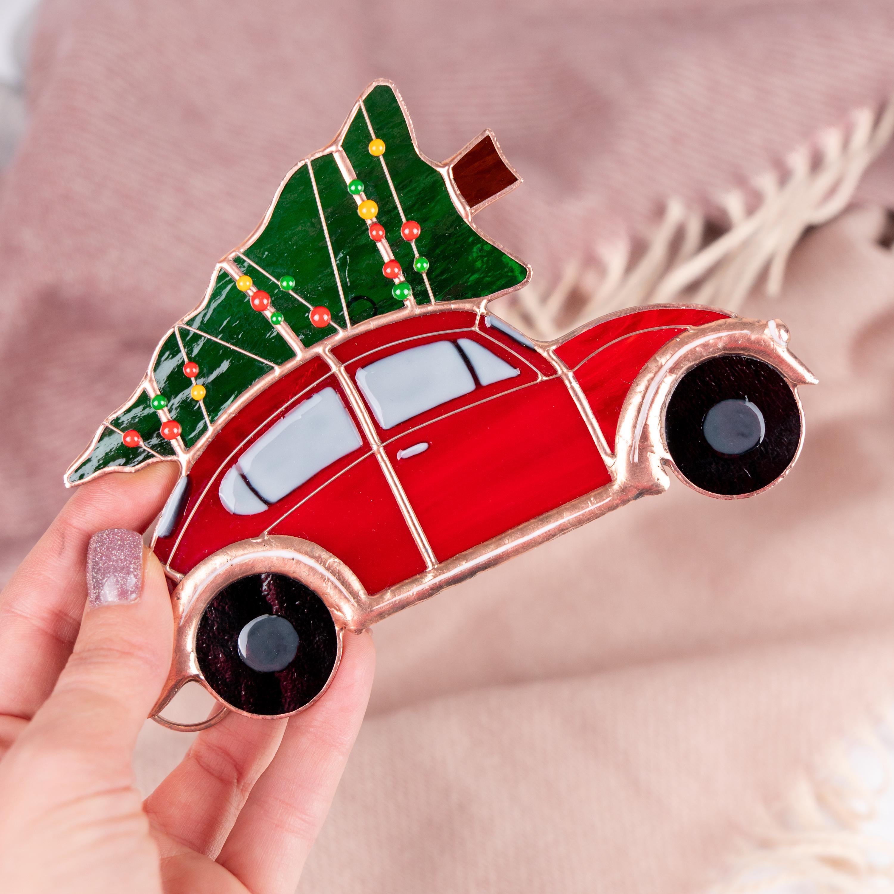 Christmas tree ornaments stained glass window hangings Car art stained glass ornament Holiday hosting decor Car gifts stained glass art