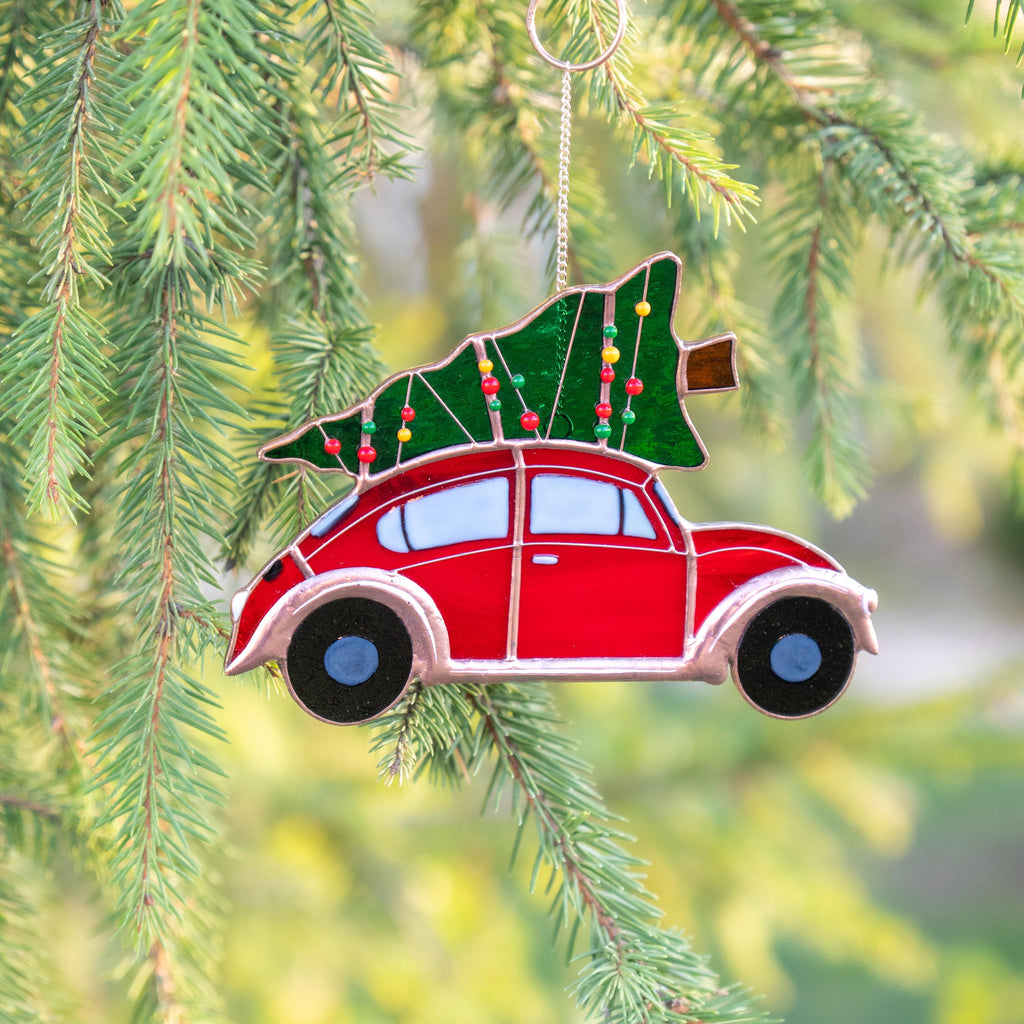 Christmas tree ornaments stained glass window hangings Car art stained glass ornament Holiday hosting decor Car gifts stained glass art