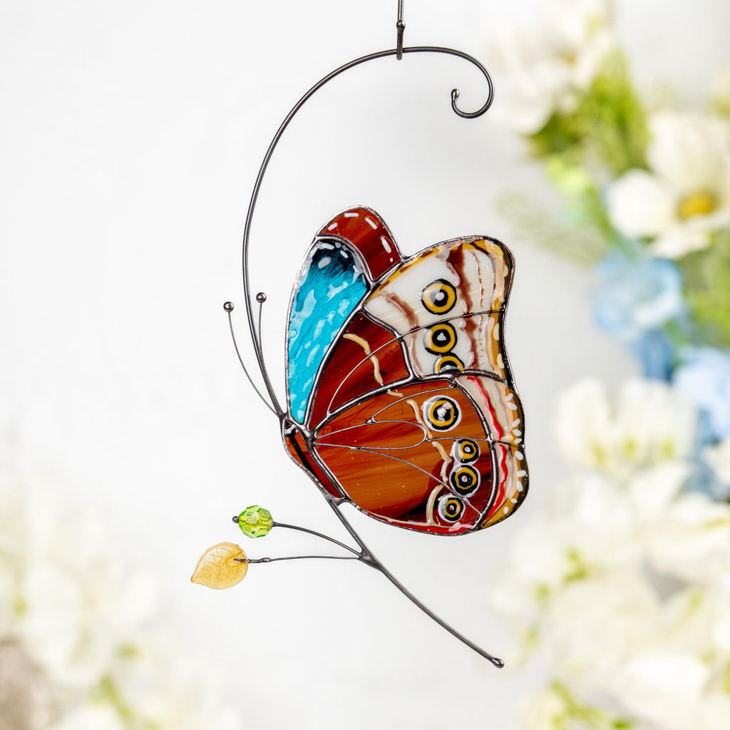 Stained glass butterfly garden art New mom gift Morpho butterfly Custom stained glass butterfly ornament Modern stained glass suncatcher