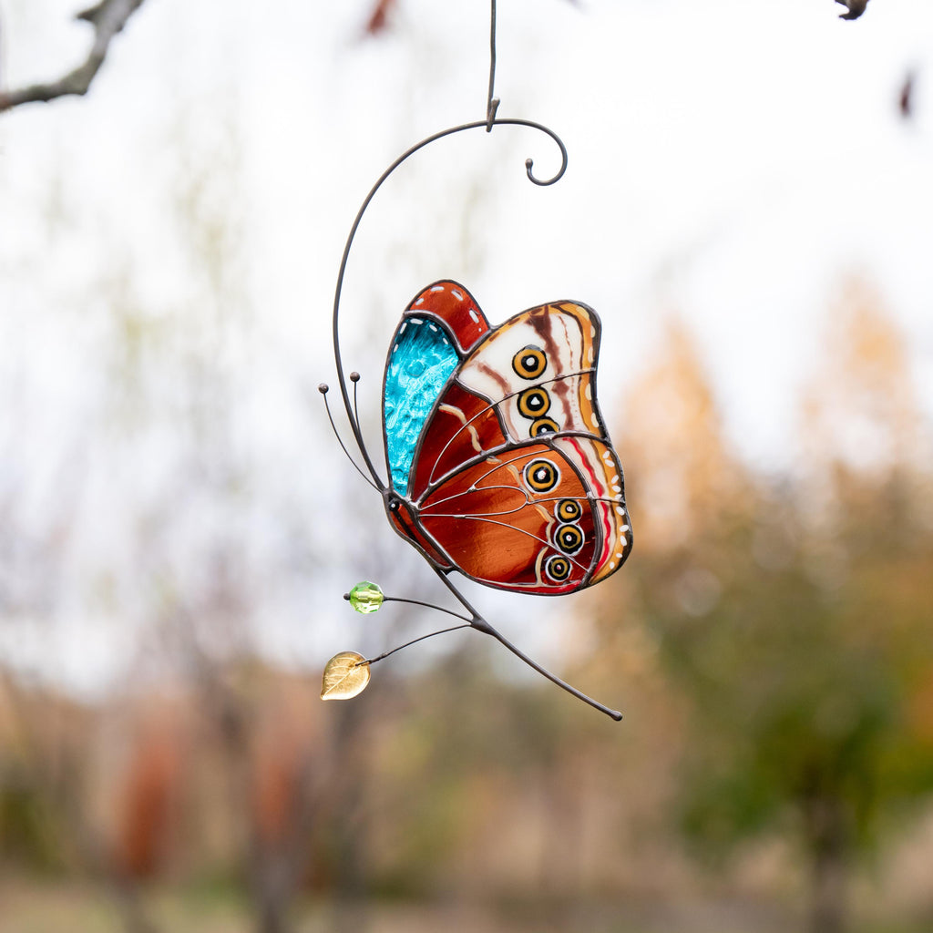 Stained glass butterfly garden art New mom gift Morpho butterfly Custom stained glass butterfly ornament Modern stained glass suncatcher