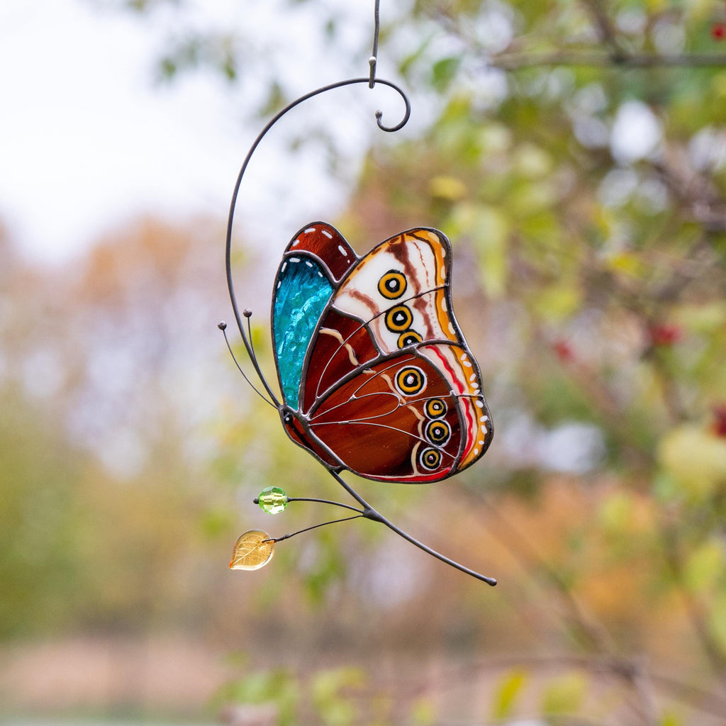 Stained glass butterfly garden art New mom gift Morpho butterfly Custom stained glass butterfly ornament Modern stained glass suncatcher