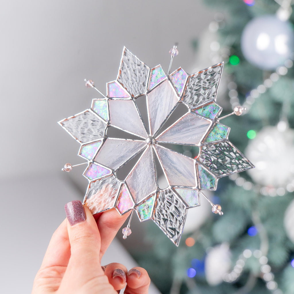 Christmas artwork stained glass window hangings Christmas gifts sister in law Christmas countdown Snowflake stained glass suncatcher