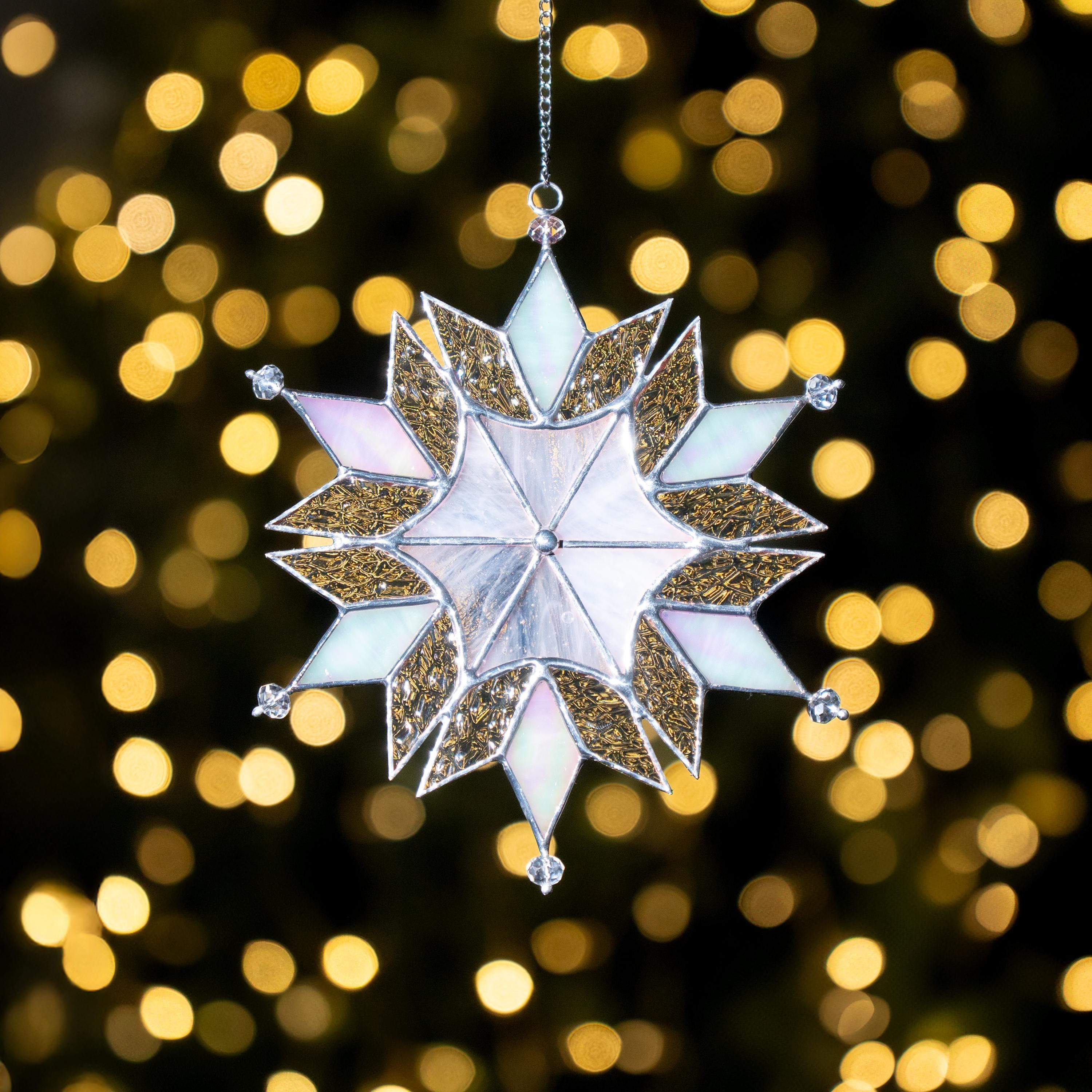 Stained glass winter decor Snowflakes stained glass sun catchers Holiday hosting decor Handmade Christmas gift Christmas crystal suncatcher