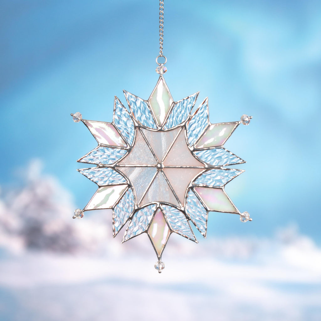 Custom stained glass ornament Holiday hosting decor Stained glass snowflake suncatcher Modern stained glass window hangings