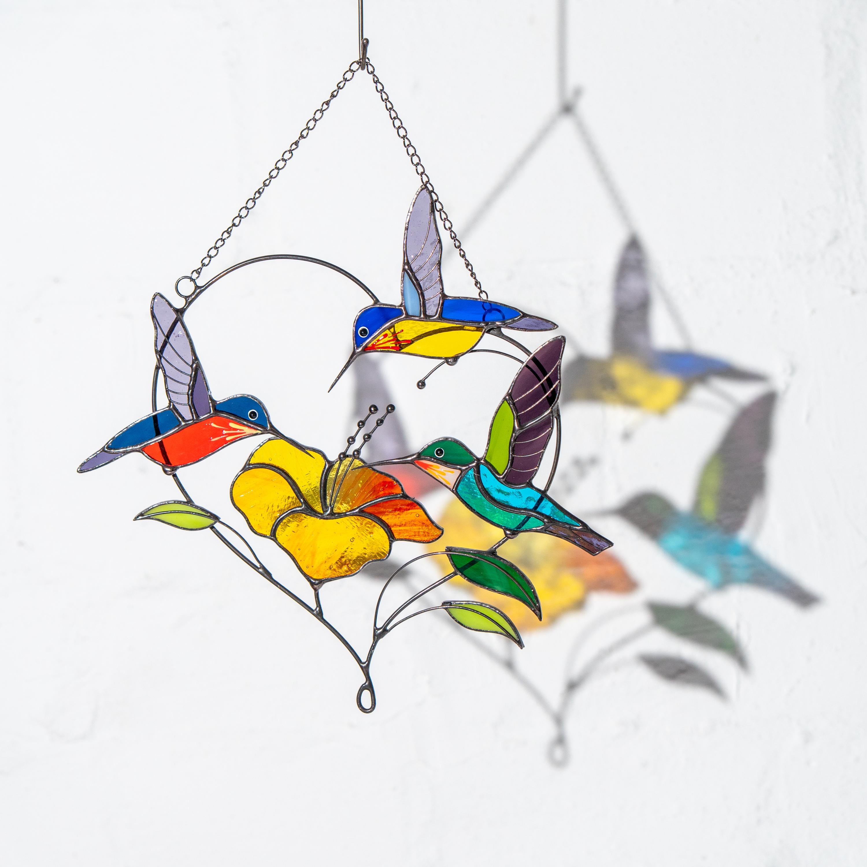Stained glass hummingbird suncatcher Gifts for grandma Custom stained glass window hangings Hummingbird gifts Hibiscus plant