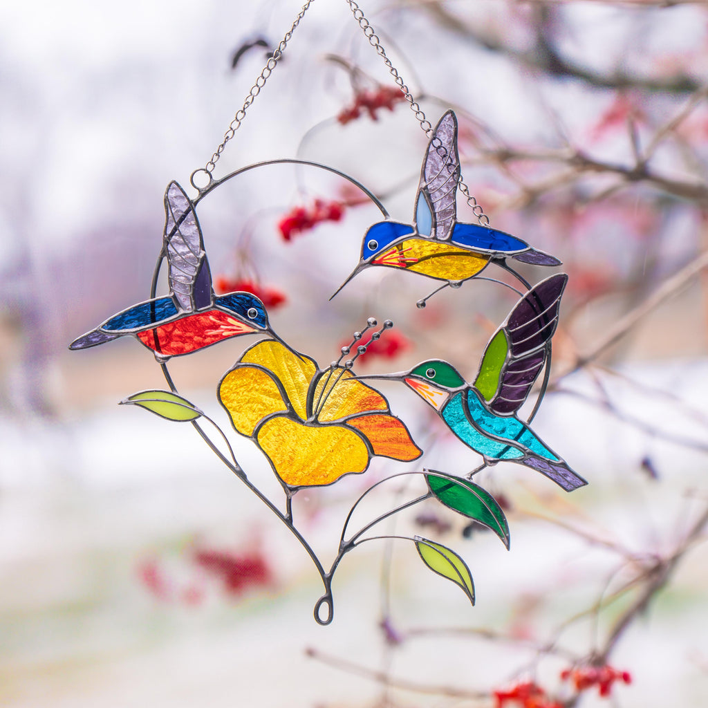 Stained glass hummingbird suncatcher Gifts for grandma Custom stained glass window hangings Hummingbird gifts Hibiscus plant