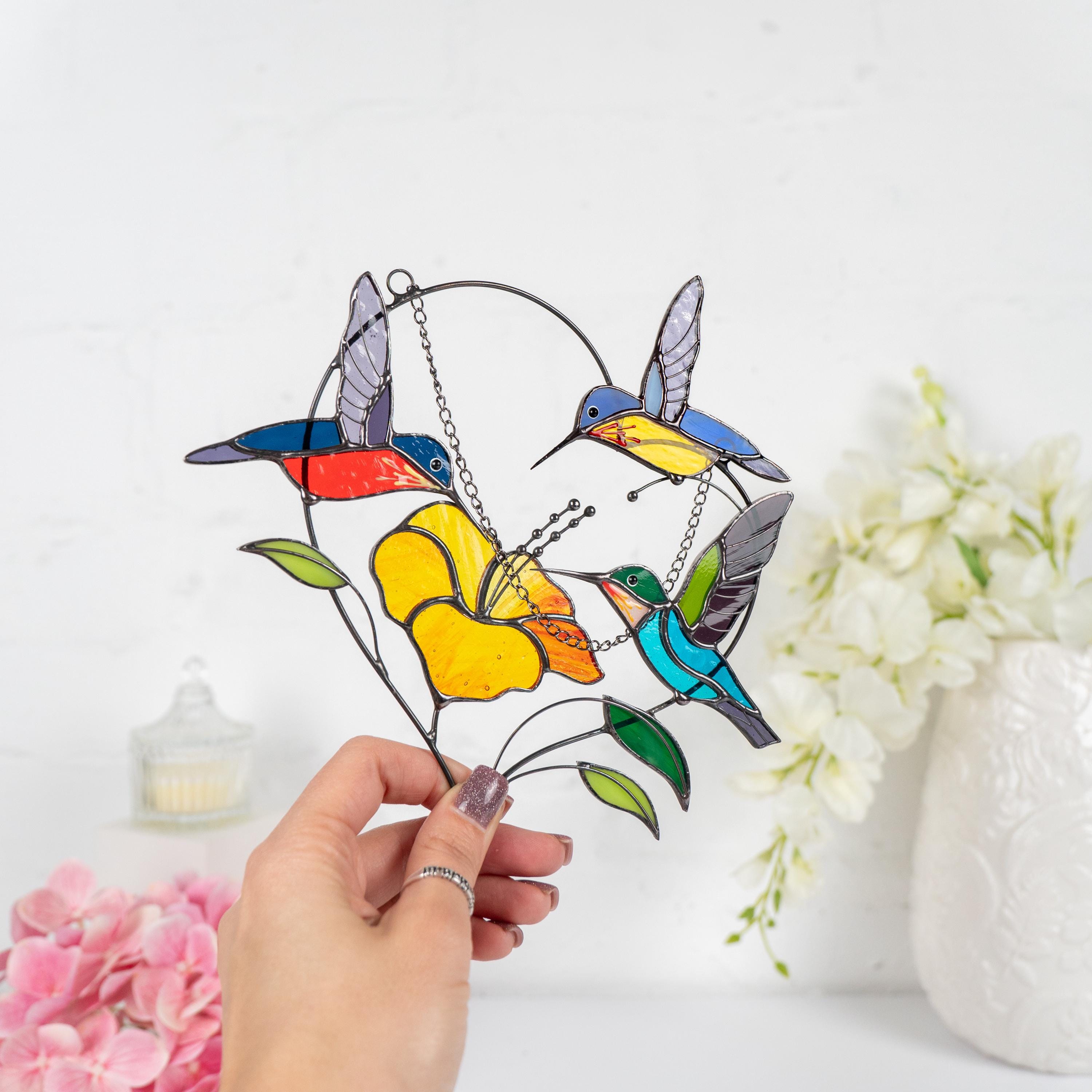 Stained glass hummingbird suncatcher Gifts for grandma Custom stained glass window hangings Hummingbird gifts Hibiscus plant