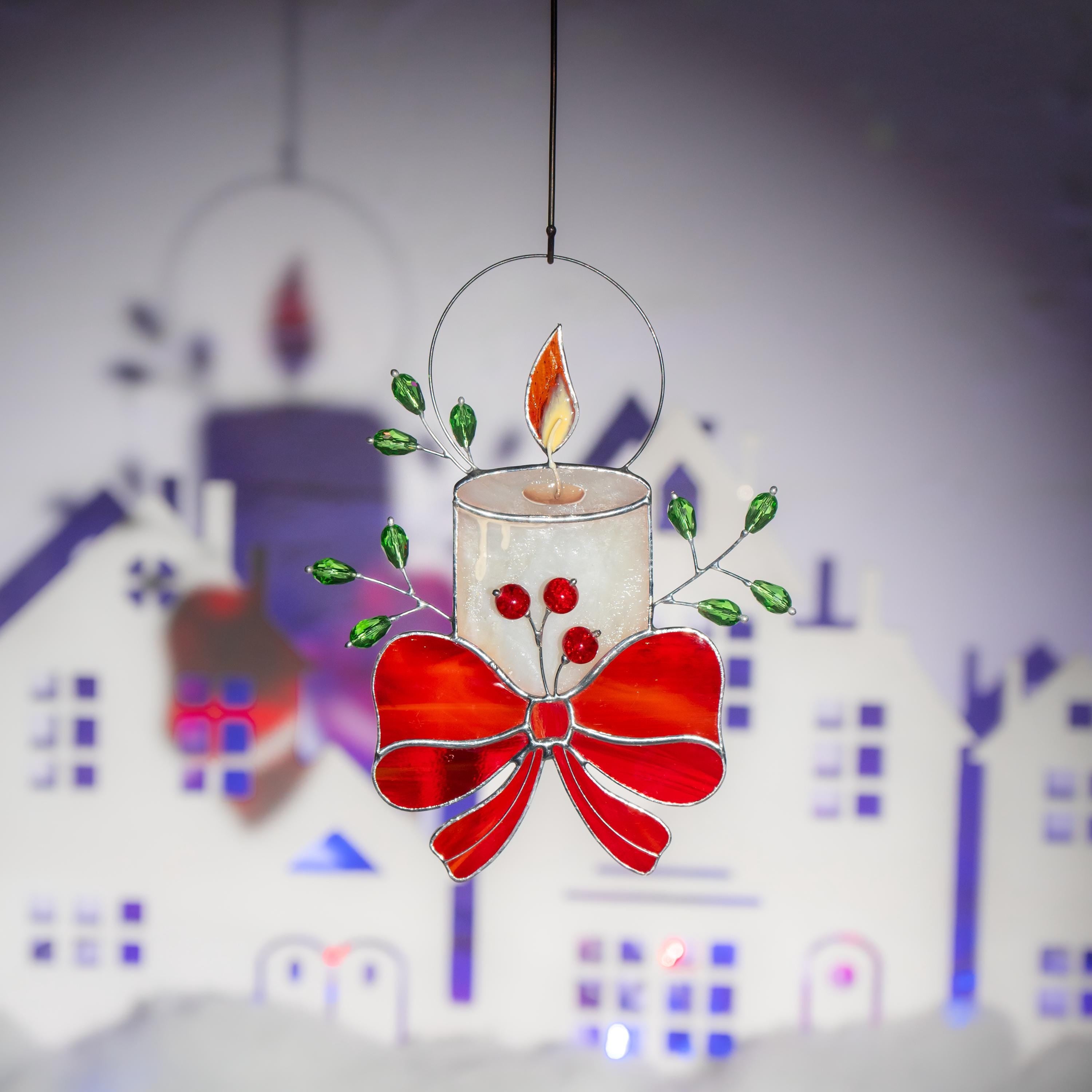 Christmas candle stained glass window hangings Handmade Christmas gift Winter candles stained glass suncatcher Home decor items aesthetic